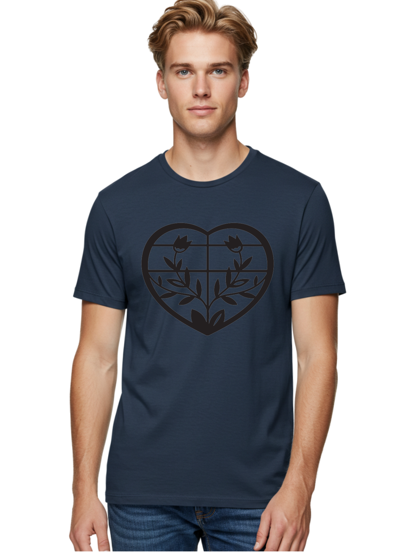 Tulips-Heart Men'S Graphic Tee, 100% Cotton, Comfortable Casual Summer Wear, Machine Washable, Heart Shape, Tulip Flowers, Leafy Stems, Floral Design, Love Symbol, Minimalist Art, Simple Graphics, Grid Pattern, Black Silhouette Aab302
