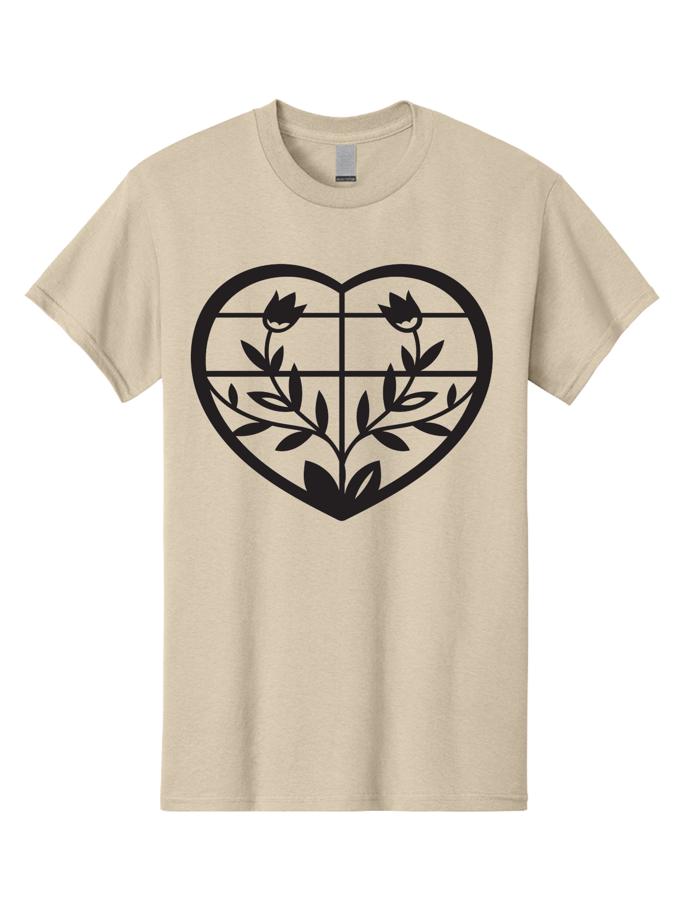 Tulips-Heart Men'S Graphic Tee, 100% Cotton, Comfortable Casual Summer Wear, Machine Washable, Heart Shape, Tulip Flowers, Leafy Stems, Floral Design, Love Symbol, Minimalist Art, Simple Graphics, Grid Pattern, Black Silhouette Aab302