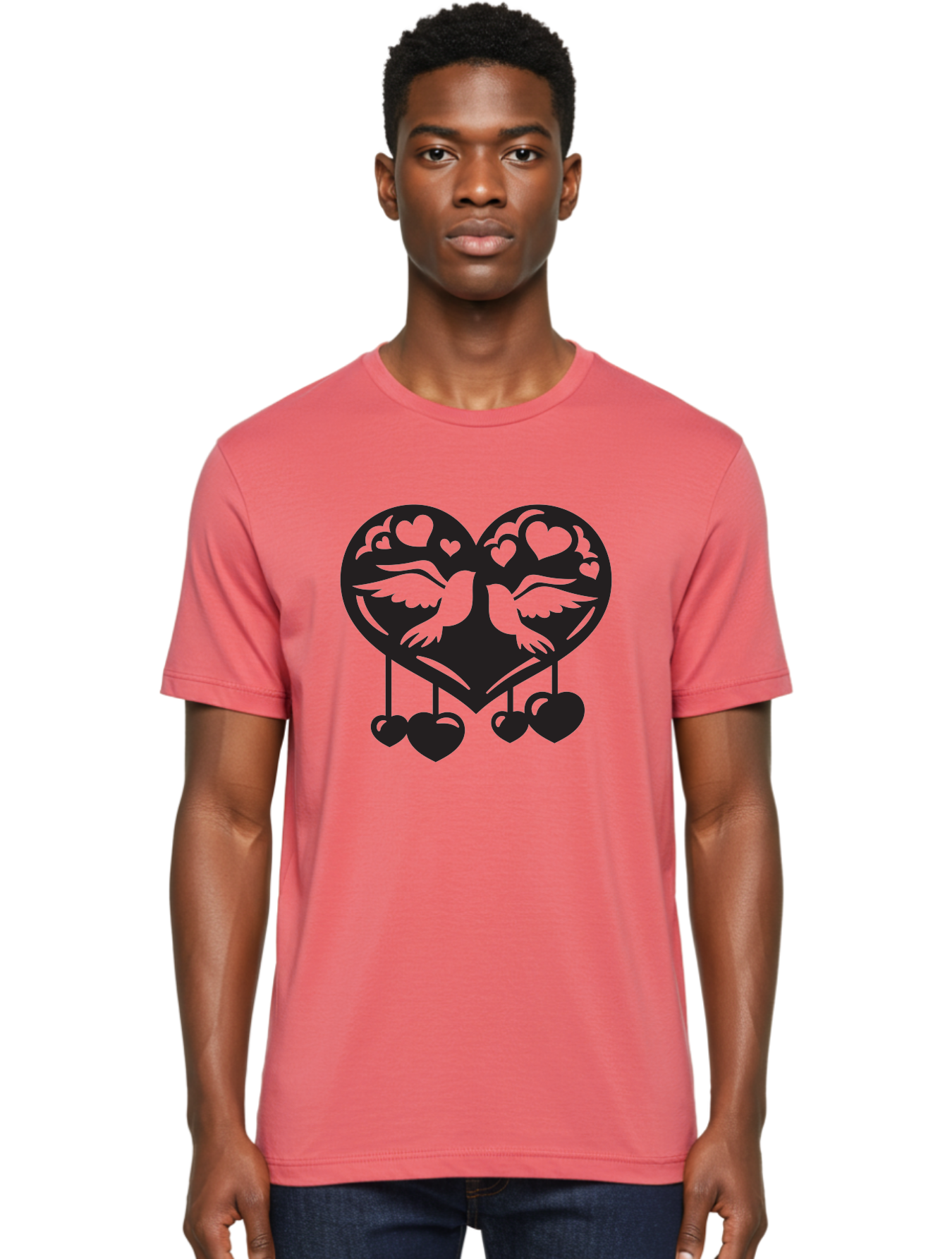 Two-Birds-Heart Men'S Graphic Tee, 100% Cotton, Comfortable Casual Summer Wear, Machine Washable, Love Birds, Couple Love, Heart Shape, Birds Flying, Hearts Hanging, Love Symbol, Valentines Day, Heart Decorations, Symbolic Love, Aab303