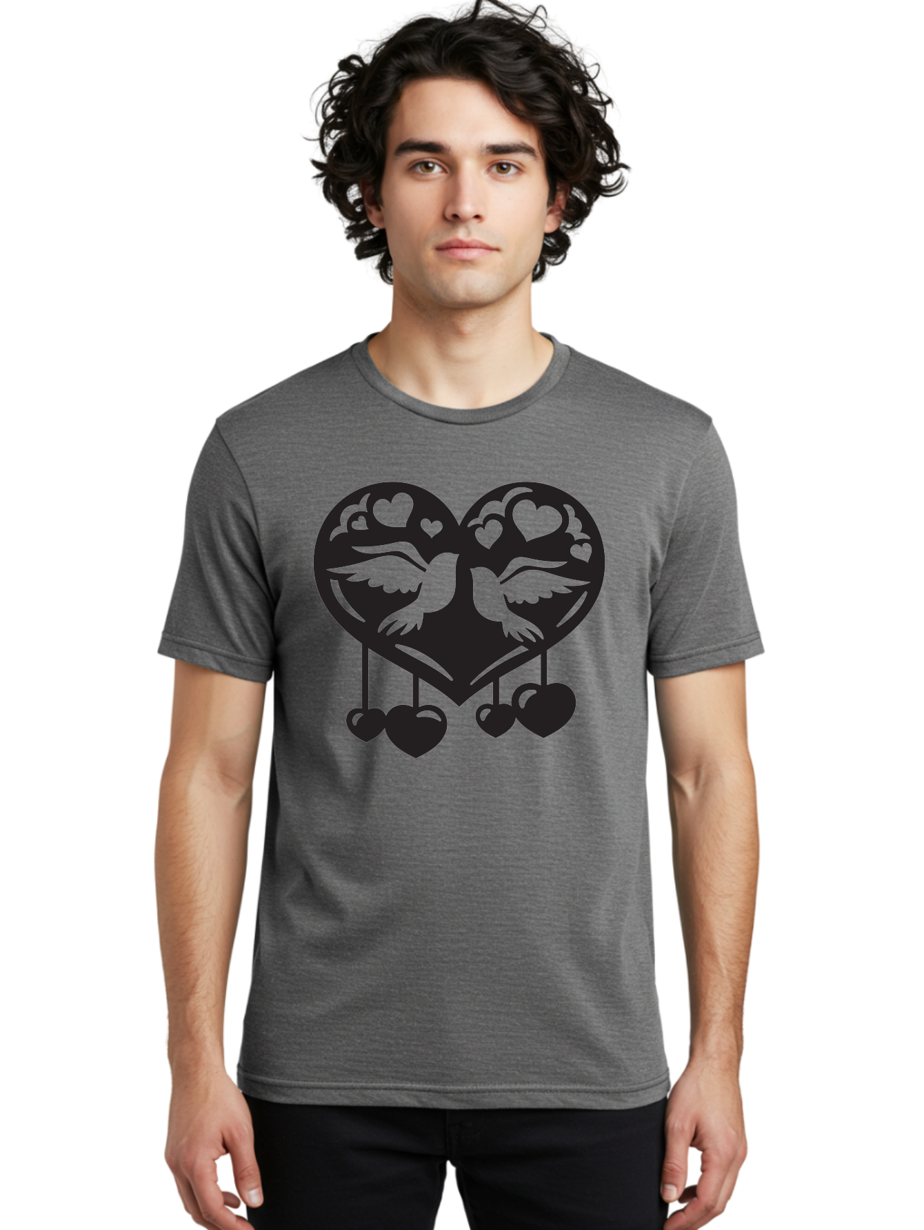 Two-Birds-Heart Men'S Graphic Tee, 100% Cotton, Comfortable Casual Summer Wear, Machine Washable, Love Birds, Couple Love, Heart Shape, Birds Flying, Hearts Hanging, Love Symbol, Valentines Day, Heart Decorations, Symbolic Love, Aab303