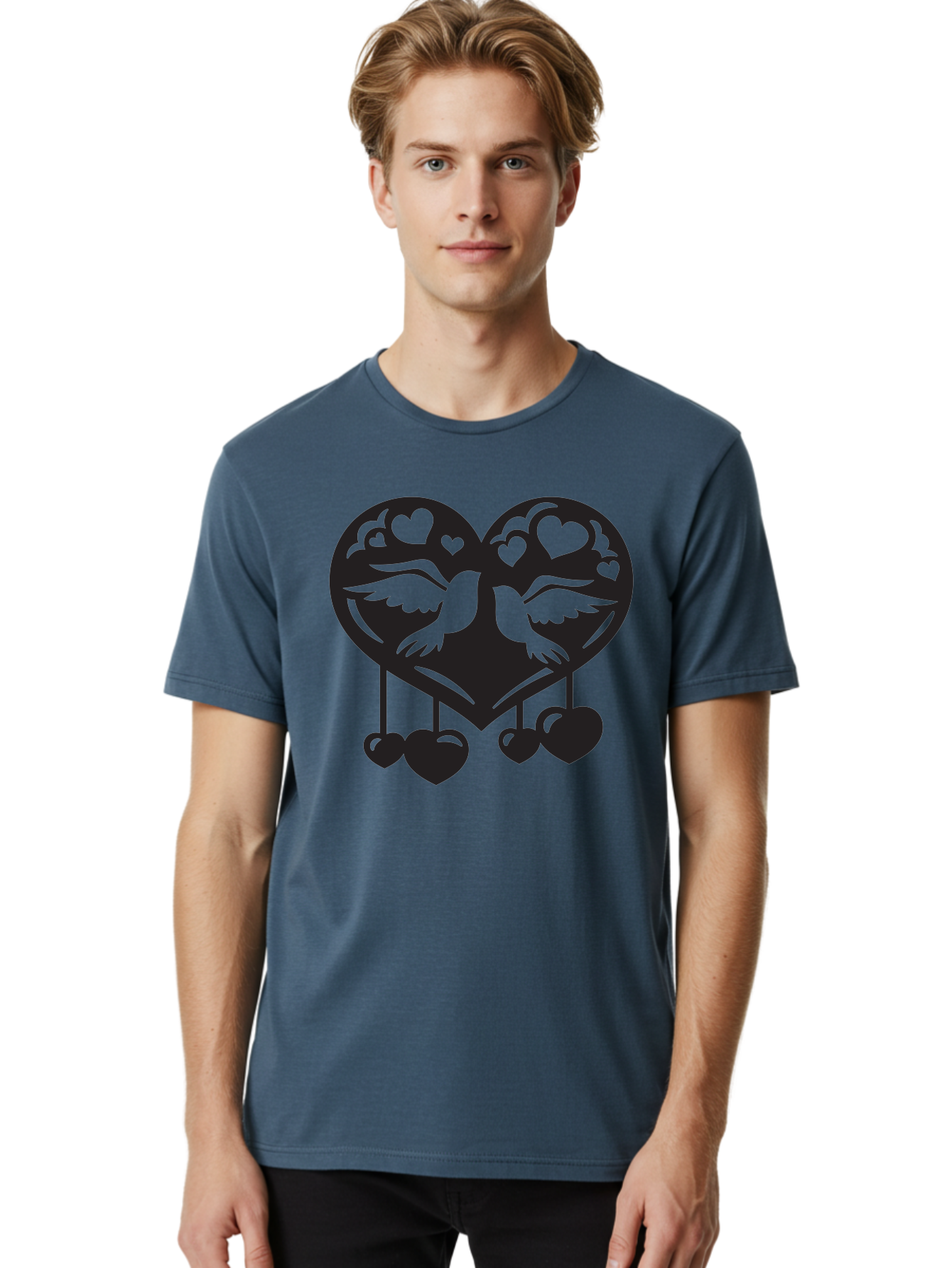 Two-Birds-Heart Men'S Graphic Tee, 100% Cotton, Comfortable Casual Summer Wear, Machine Washable, Love Birds, Couple Love, Heart Shape, Birds Flying, Hearts Hanging, Love Symbol, Valentines Day, Heart Decorations, Symbolic Love, Aab303