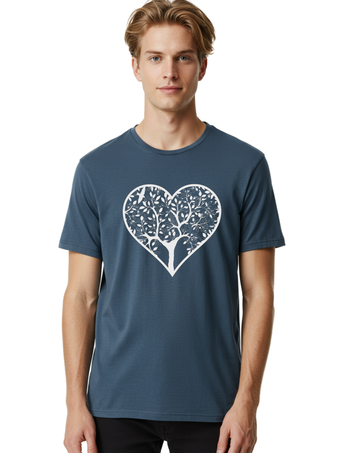 Tree-In-Heart Men'S Graphic Tee, 100% Cotton, Comfortable Casual Summer Wear, Machine Washable, Heart Shaped Tree, Leafy Branches, Symbolic Illustration, Minimalist Design, Love And Nature, Eco Friendly Art, Tree Of Life, Heart Outline Aab305