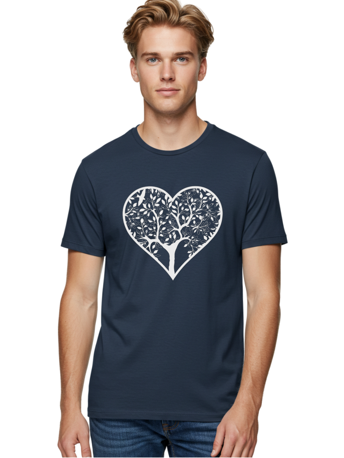 Tree-In-Heart Men'S Graphic Tee, 100% Cotton, Comfortable Casual Summer Wear, Machine Washable, Heart Shaped Tree, Leafy Branches, Symbolic Illustration, Minimalist Design, Love And Nature, Eco Friendly Art, Tree Of Life, Heart Outline Aab305