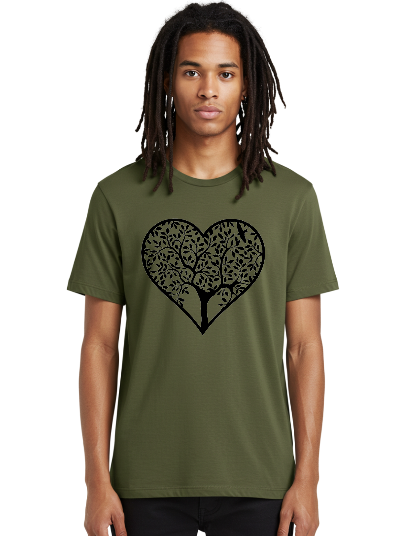 Tree-Of-Life-Heart-1 Men'S Graphic Tee, 100% Cotton, Comfortable Casual Summer Wear, Machine Washable, Tree In Heart Shape, Symbolic Representation, Love For Nature, Eco-Friendly, Black Silhouette Design, Leafy Branches, Valentines Day Theme, Aab306