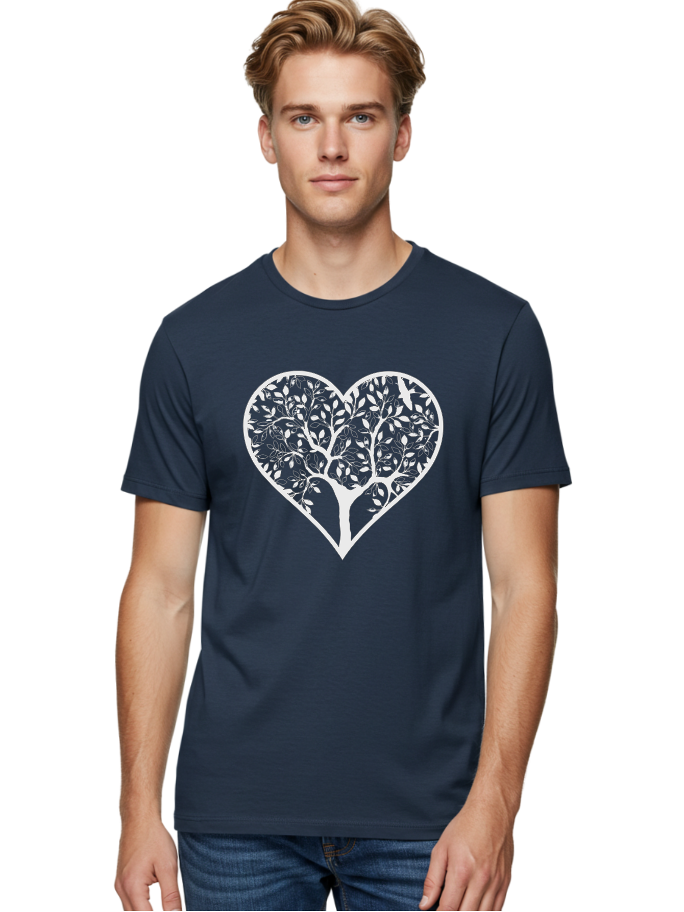 Tree-Of-Life-Heart Men'S Graphic Tee, 100% Cotton, Comfortable Casual Summer Wear, Machine Washable, Tree In Heart Shape, Leafy Branches, Symbolic Art, Love And Nature, Heart-Shaped Tree, Intricate Design, Symbolic Representation, Aab308