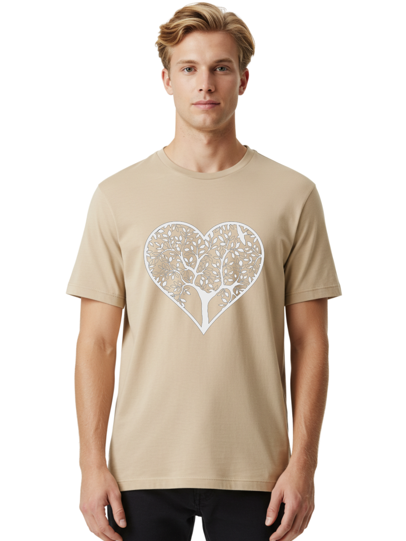 Tree-Of-Life-Heart Men'S Graphic Tee, 100% Cotton, Comfortable Casual Summer Wear, Machine Washable, Tree In Heart Shape, Leafy Branches, Symbolic Art, Love And Nature, Heart-Shaped Tree, Intricate Design, Symbolic Representation, Aab308
