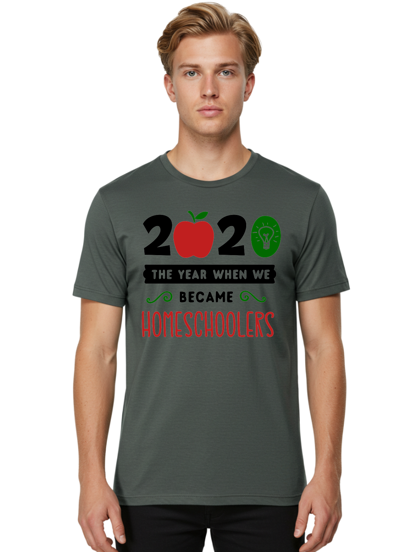 2020-The-Year-When-We-Became-Homeschoolers-3 Men'S Graphic Tee, 100% Cotton, Comfortable Casual Summer Wear, Machine Washable, Homeschooling, Homeschoolers, 2020, Apple, Light Bulb, Year Of Change, Educational Shift, Learning At Home, Aab311