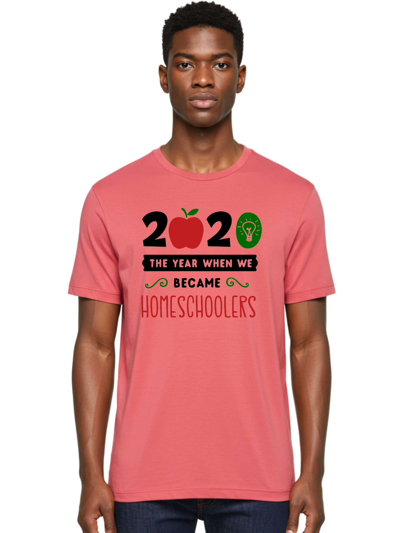 2020-The-Year-When-We-Became-Homeschoolers-3 Men'S Graphic Tee, 100% Cotton, Comfortable Casual Summer Wear, Machine Washable, Homeschooling, Homeschoolers, 2020, Apple, Light Bulb, Year Of Change, Educational Shift, Learning At Home, Aab311