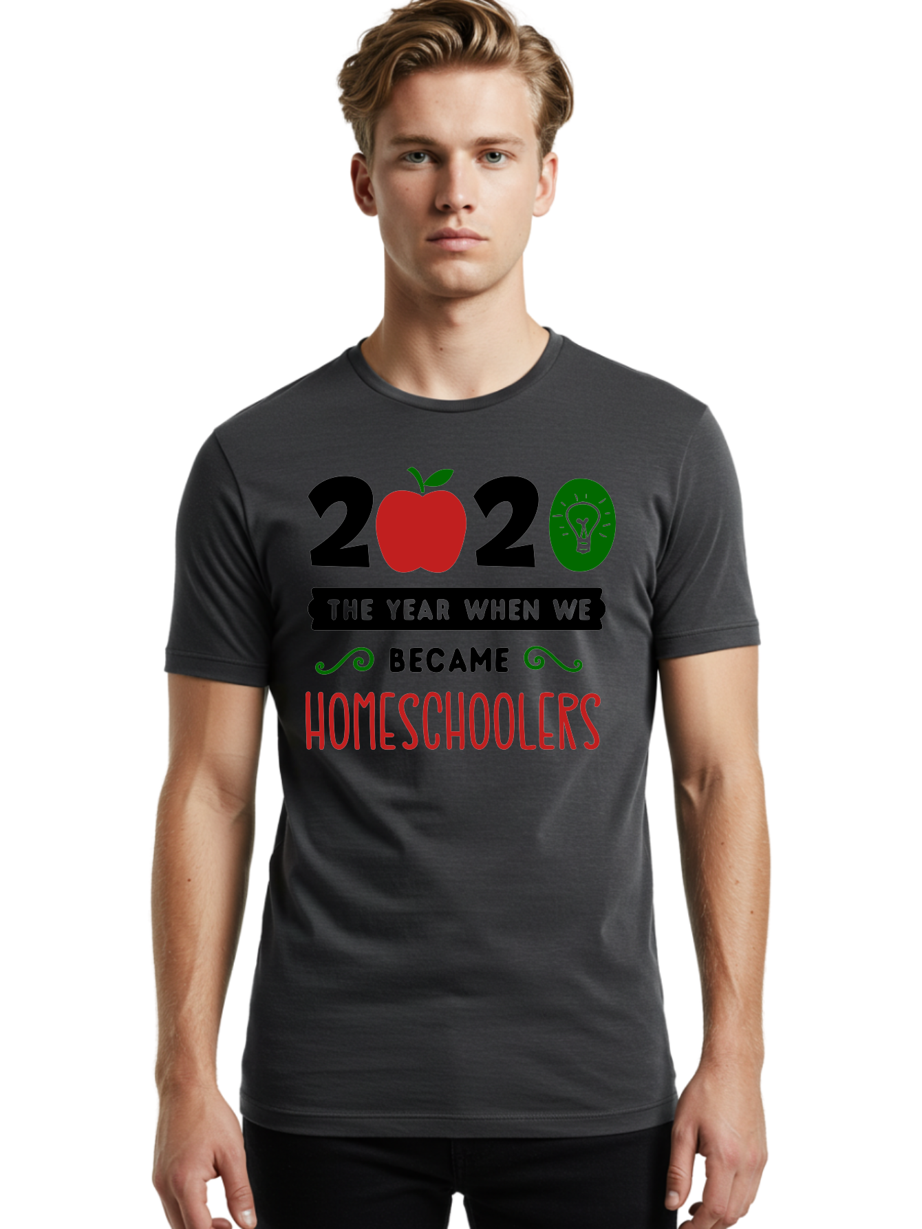 2020-The-Year-When-We-Became-Homeschoolers-3 Men'S Graphic Tee, 100% Cotton, Comfortable Casual Summer Wear, Machine Washable, Homeschooling, Homeschoolers, 2020, Apple, Light Bulb, Year Of Change, Educational Shift, Learning At Home, Aab311