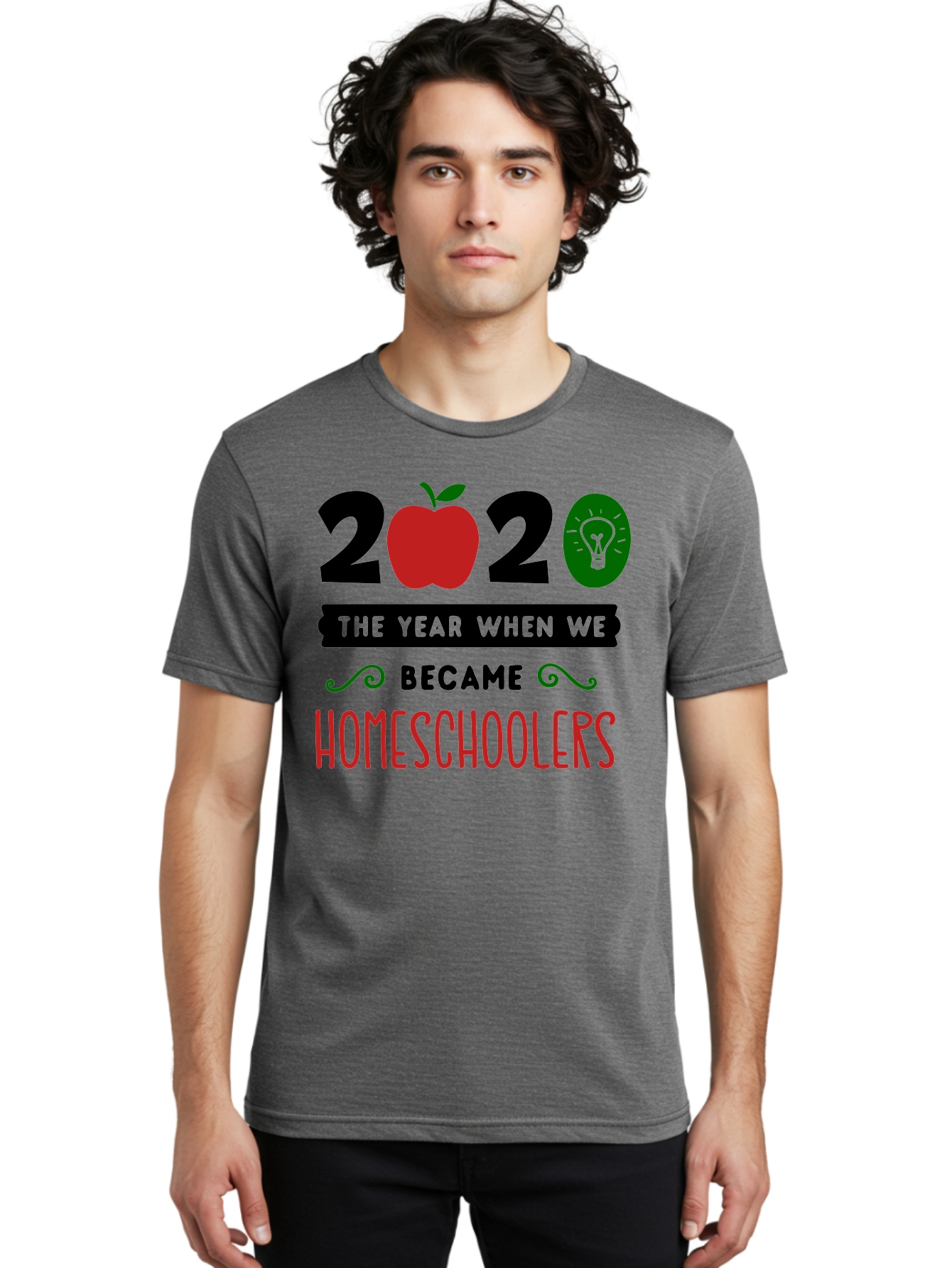 2020-The-Year-When-We-Became-Homeschoolers-3 Men'S Graphic Tee, 100% Cotton, Comfortable Casual Summer Wear, Machine Washable, Homeschooling, Homeschoolers, 2020, Apple, Light Bulb, Year Of Change, Educational Shift, Learning At Home, Aab311