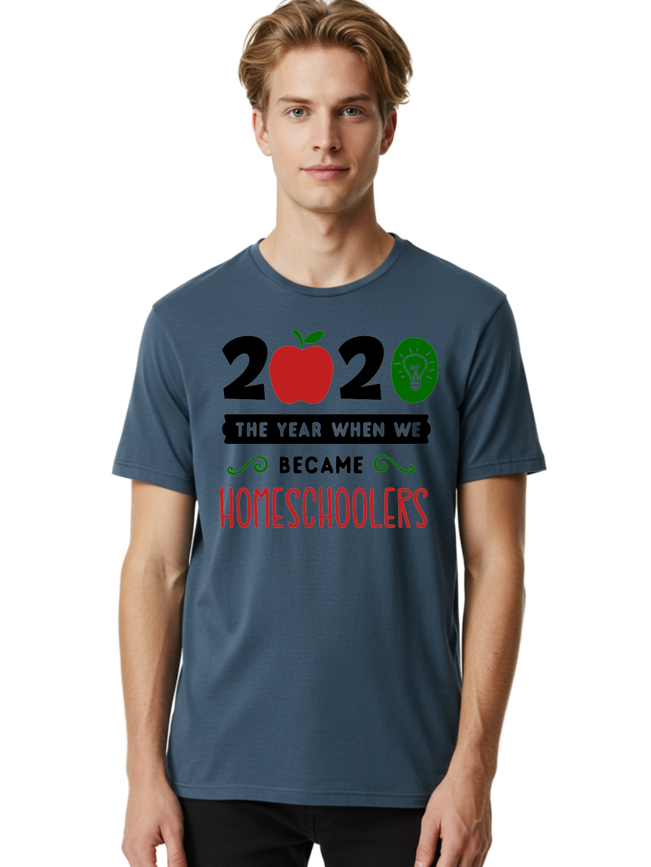 2020-The-Year-When-We-Became-Homeschoolers-3 Men'S Graphic Tee, 100% Cotton, Comfortable Casual Summer Wear, Machine Washable, Homeschooling, Homeschoolers, 2020, Apple, Light Bulb, Year Of Change, Educational Shift, Learning At Home, Aab311