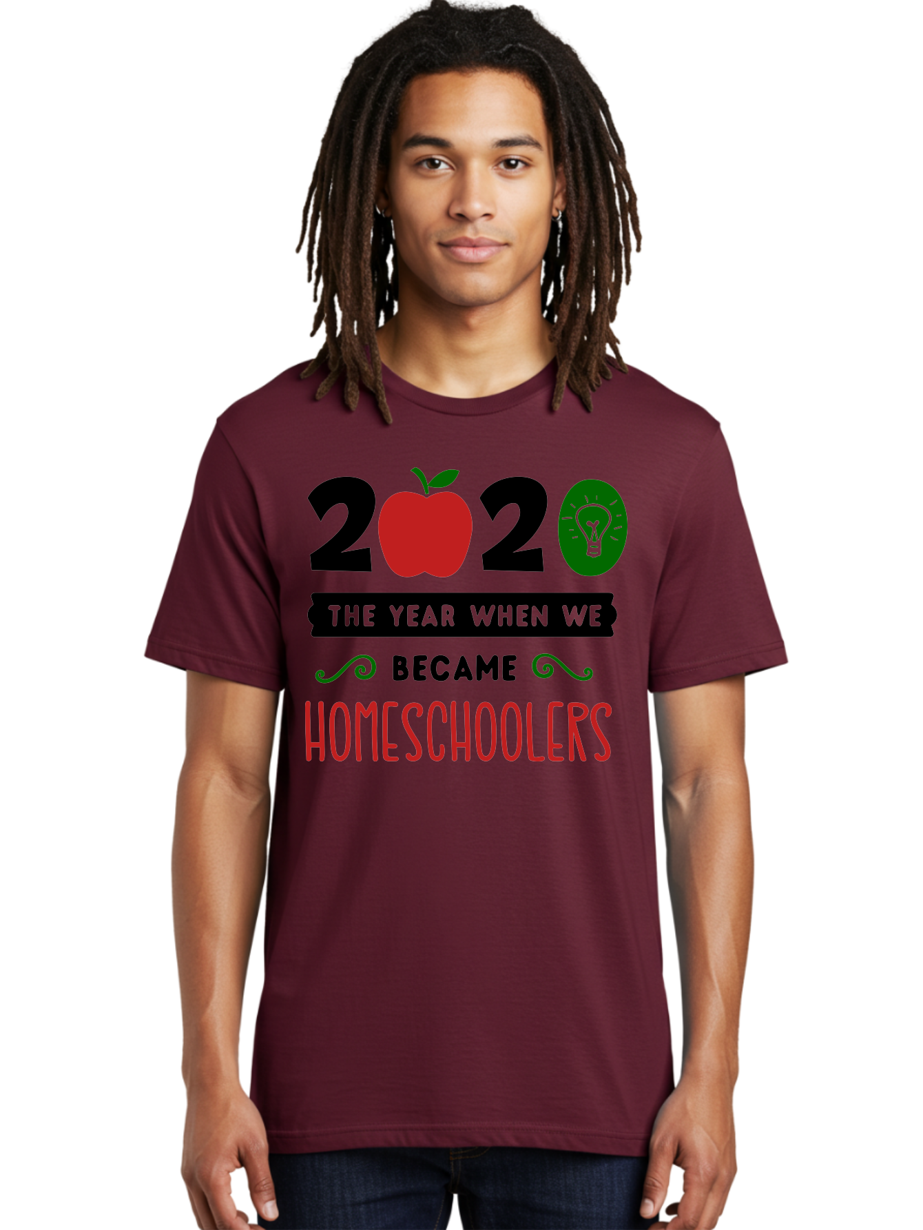 2020-The-Year-When-We-Became-Homeschoolers-3 Men'S Graphic Tee, 100% Cotton, Comfortable Casual Summer Wear, Machine Washable, Homeschooling, Homeschoolers, 2020, Apple, Light Bulb, Year Of Change, Educational Shift, Learning At Home, Aab311