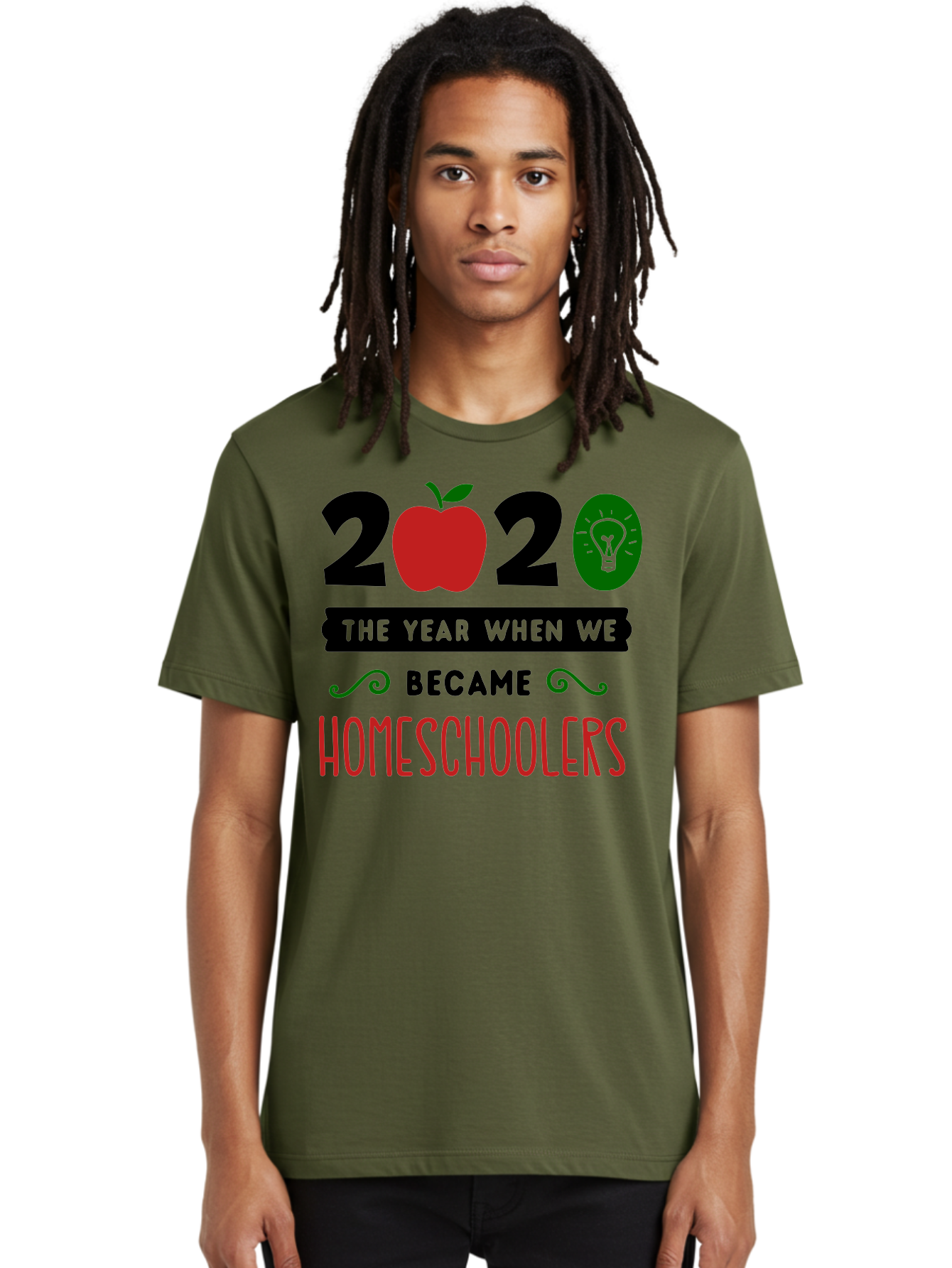 2020-The-Year-When-We-Became-Homeschoolers-3 Men'S Graphic Tee, 100% Cotton, Comfortable Casual Summer Wear, Machine Washable, Homeschooling, Homeschoolers, 2020, Apple, Light Bulb, Year Of Change, Educational Shift, Learning At Home, Aab311