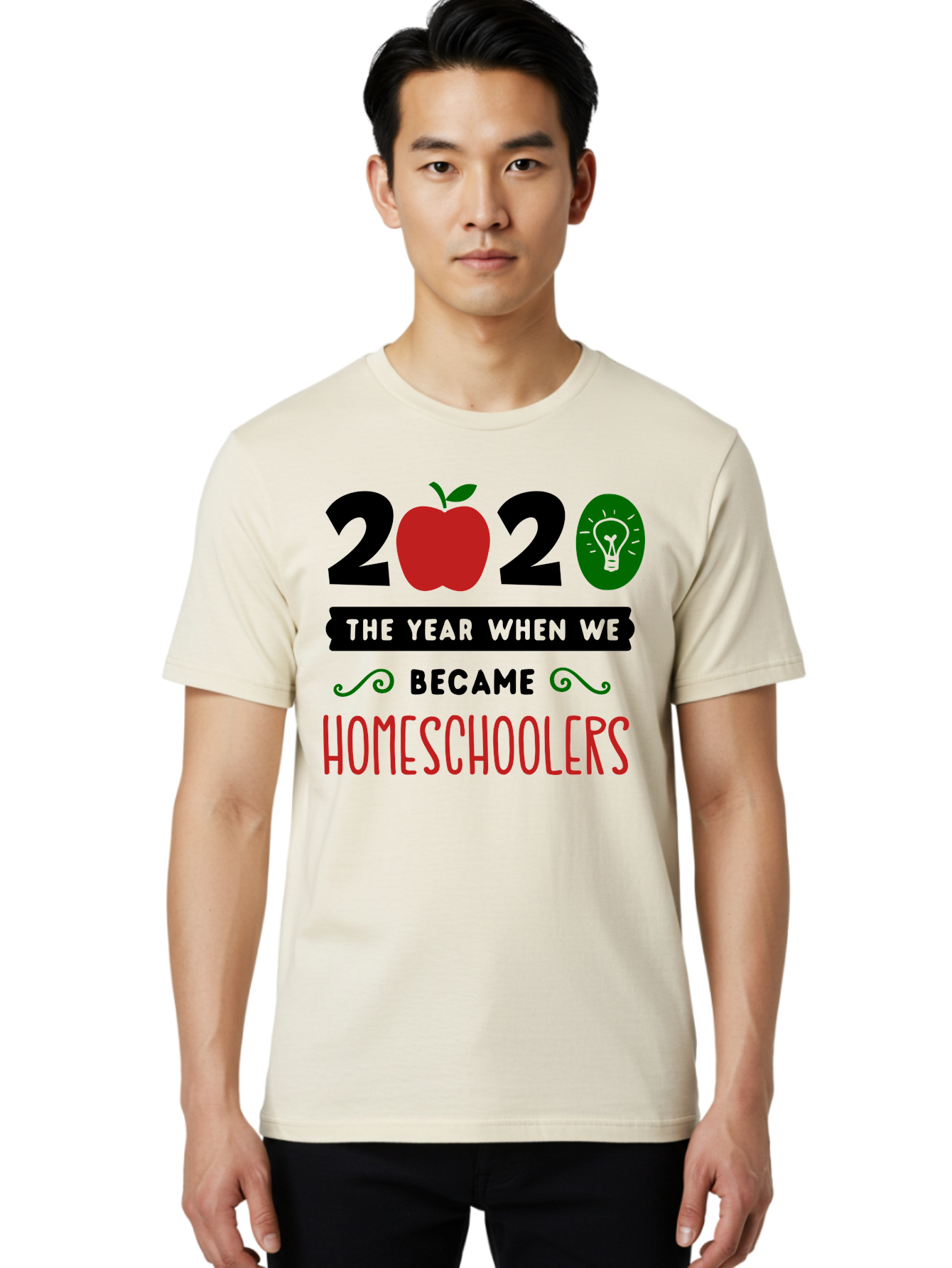 2020-The-Year-When-We-Became-Homeschoolers-3 Men'S Graphic Tee, 100% Cotton, Comfortable Casual Summer Wear, Machine Washable, Homeschooling, Homeschoolers, 2020, Apple, Light Bulb, Year Of Change, Educational Shift, Learning At Home, Aab311