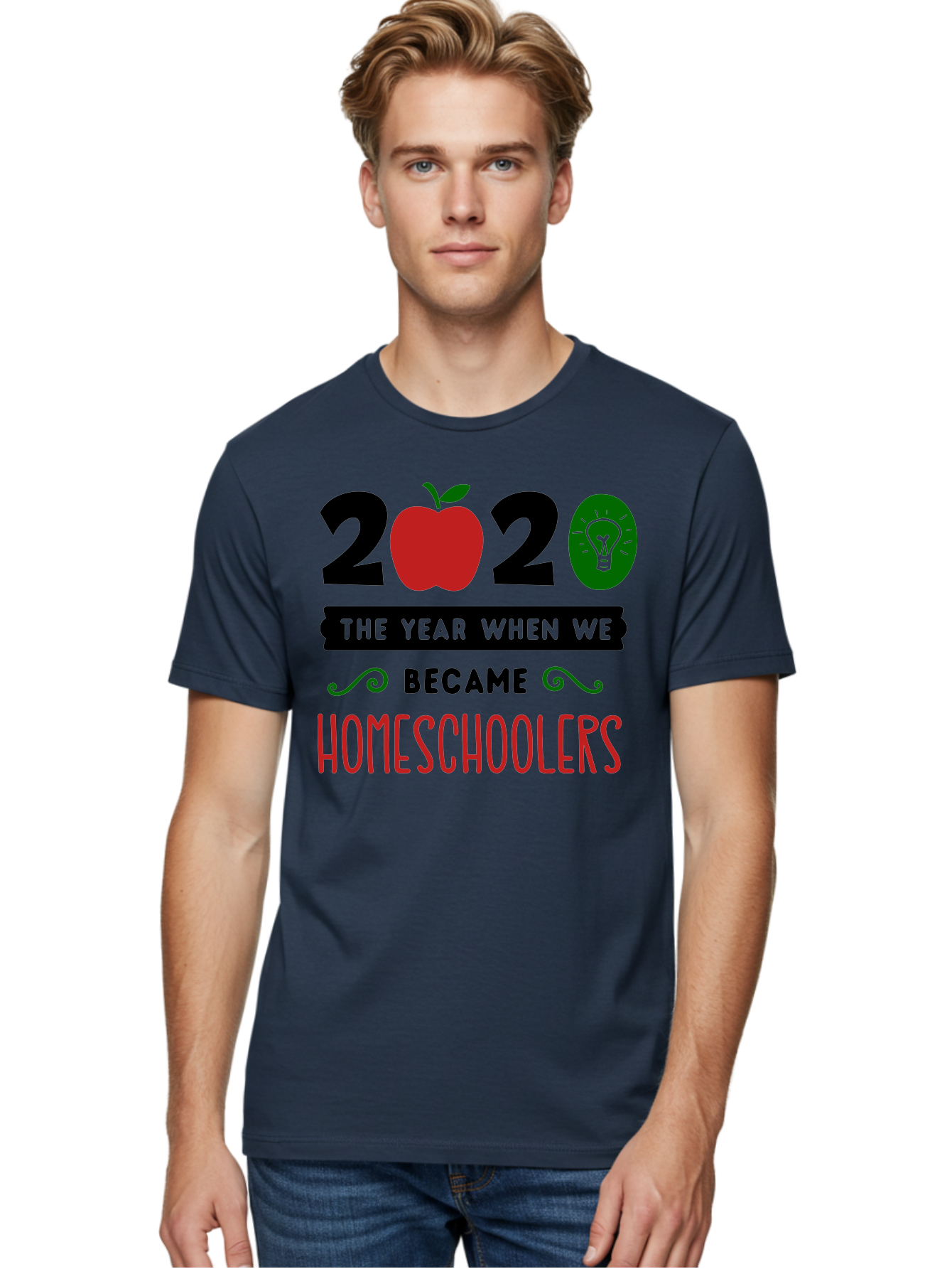 2020-The-Year-When-We-Became-Homeschoolers-3 Men'S Graphic Tee, 100% Cotton, Comfortable Casual Summer Wear, Machine Washable, Homeschooling, Homeschoolers, 2020, Apple, Light Bulb, Year Of Change, Educational Shift, Learning At Home, Aab311