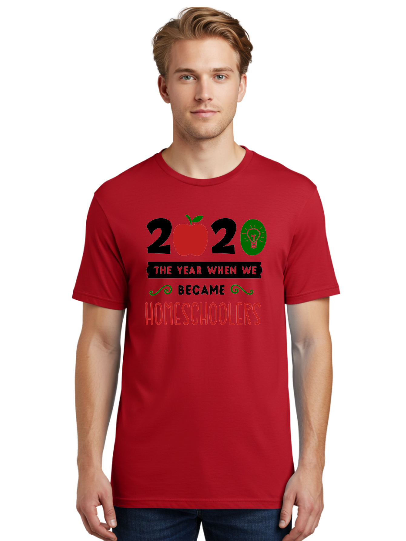 2020-The-Year-When-We-Became-Homeschoolers-3 Men'S Graphic Tee, 100% Cotton, Comfortable Casual Summer Wear, Machine Washable, Homeschooling, Homeschoolers, 2020, Apple, Light Bulb, Year Of Change, Educational Shift, Learning At Home, Aab311