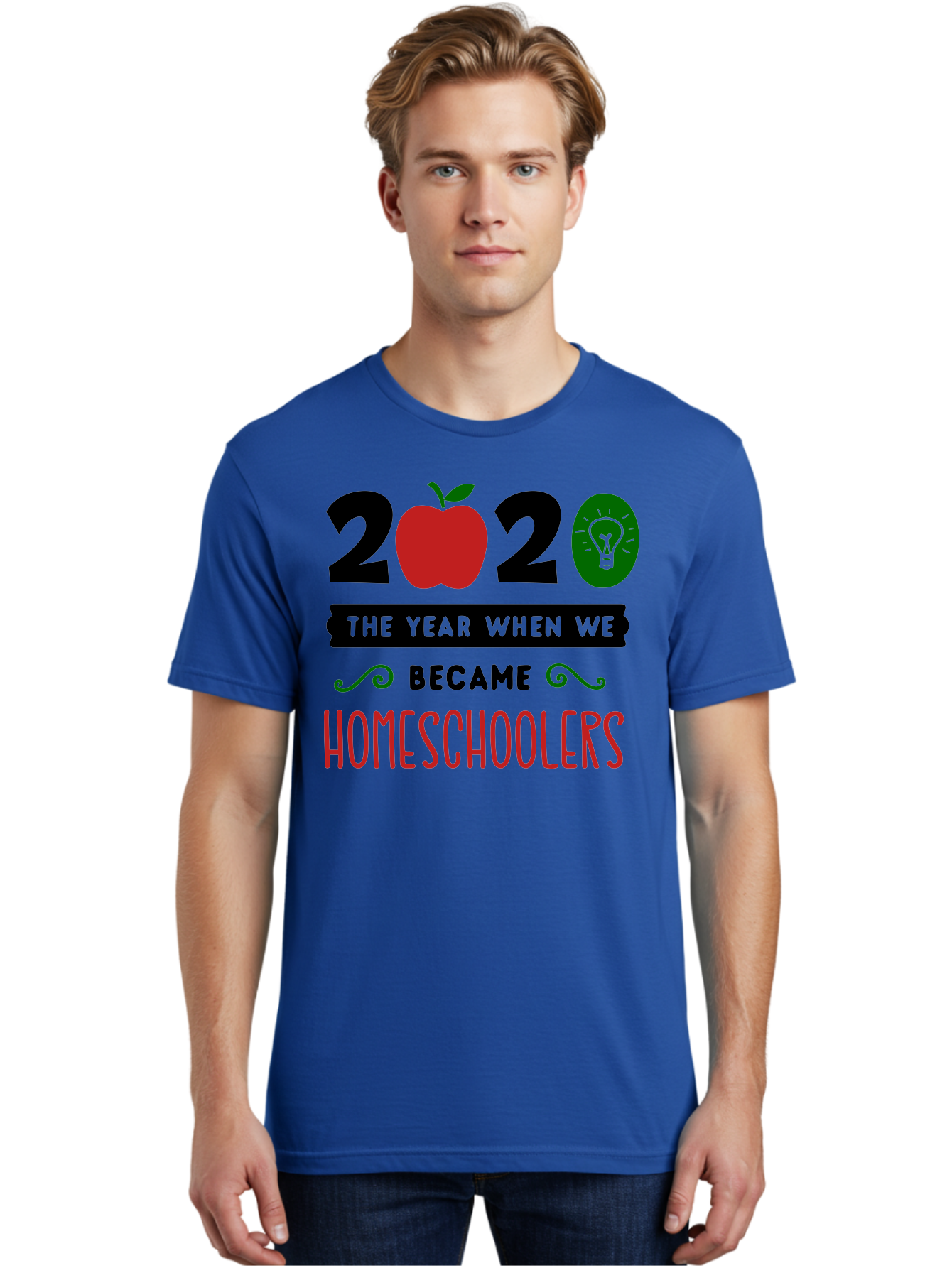 2020-The-Year-When-We-Became-Homeschoolers-3 Men'S Graphic Tee, 100% Cotton, Comfortable Casual Summer Wear, Machine Washable, Homeschooling, Homeschoolers, 2020, Apple, Light Bulb, Year Of Change, Educational Shift, Learning At Home, Aab311