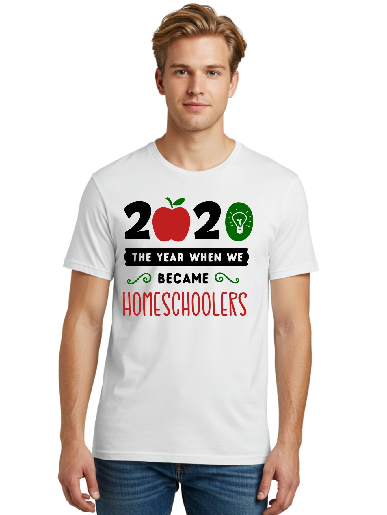 2020-The-Year-When-We-Became-Homeschoolers-3 Men'S Graphic Tee, 100% Cotton, Comfortable Casual Summer Wear, Machine Washable, Homeschooling, Homeschoolers, 2020, Apple, Light Bulb, Year Of Change, Educational Shift, Learning At Home, Aab311