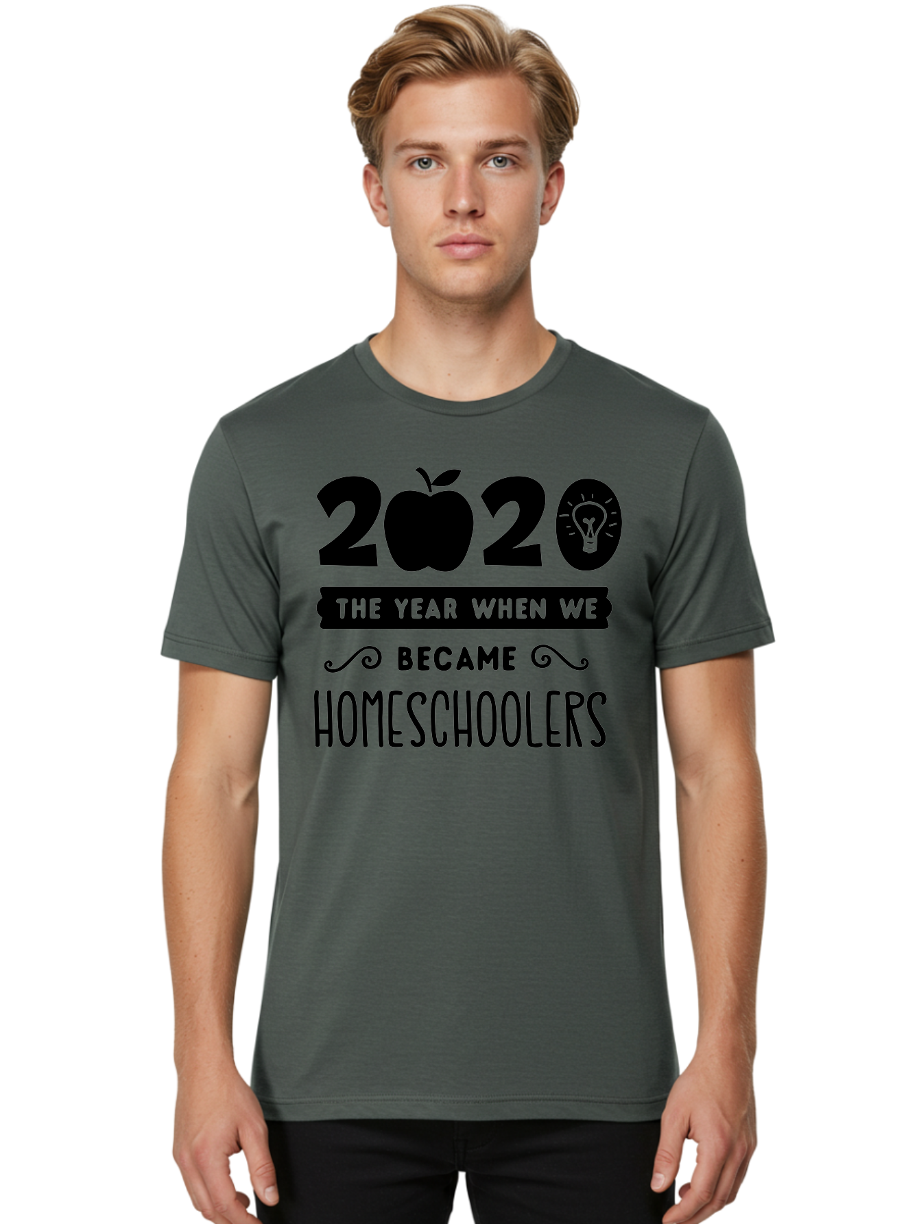 2020-The-Year-When-We-Became-Homeschoolers Men'S Graphic Tee, 100% Cotton, Comfortable Casual Summer Wear, Machine Washable, Homeschooling, Online Learning, Education, 2020, Homeschoolers, Apple, Lightbulb, School Year, Aab312