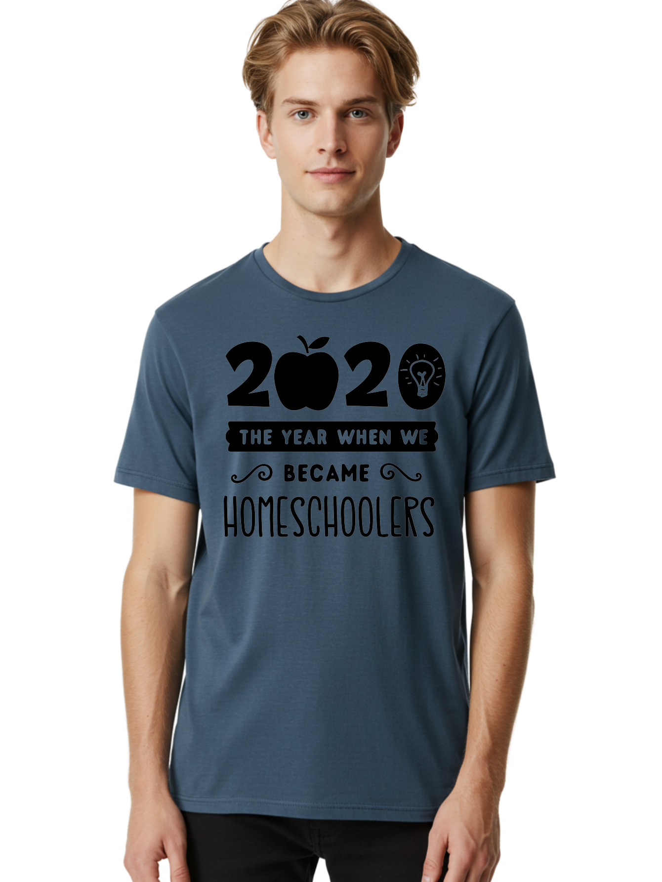 2020-The-Year-When-We-Became-Homeschoolers Men'S Graphic Tee, 100% Cotton, Comfortable Casual Summer Wear, Machine Washable, Homeschooling, Online Learning, Education, 2020, Homeschoolers, Apple, Lightbulb, School Year, Aab312