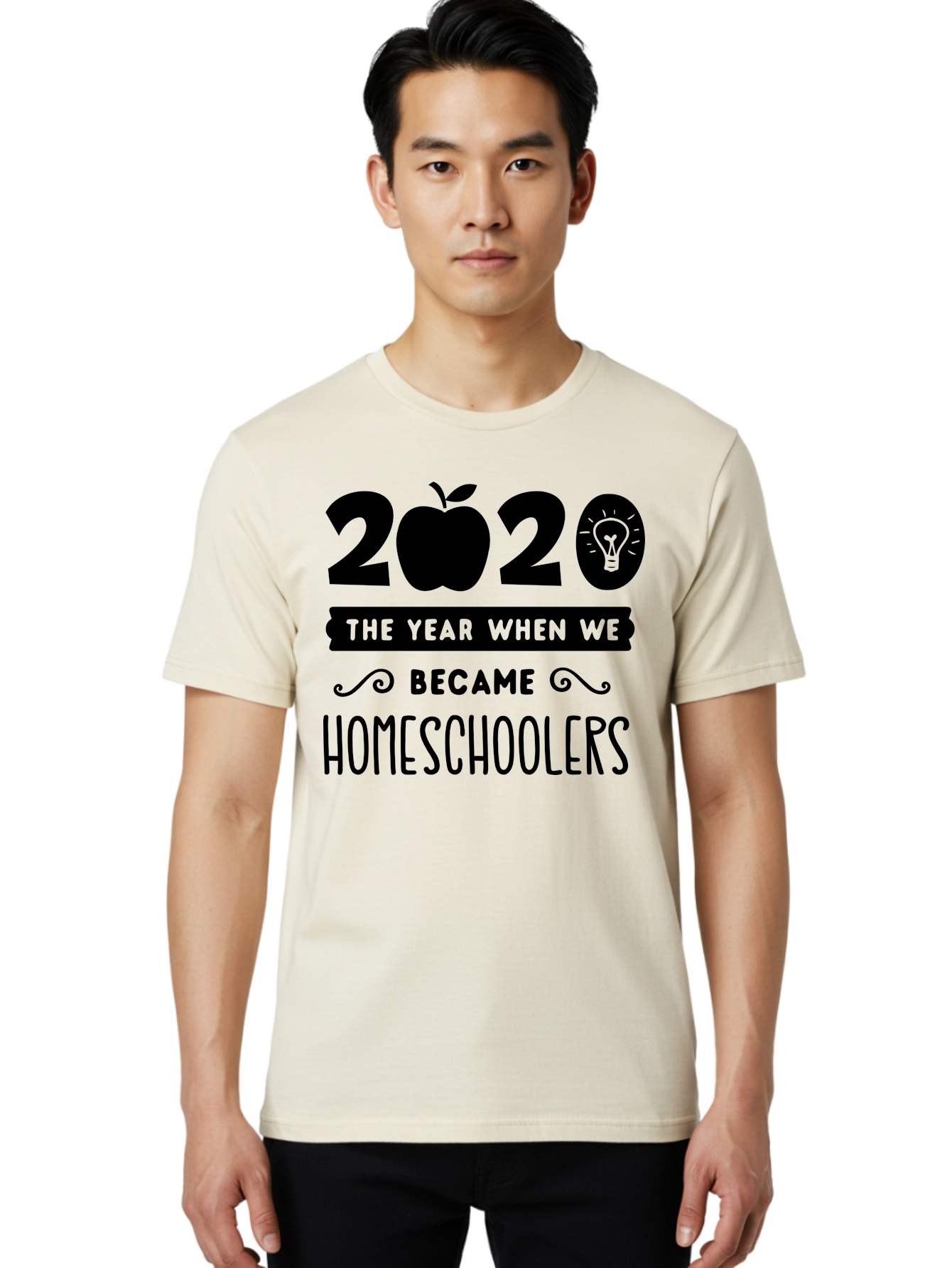 2020-The-Year-When-We-Became-Homeschoolers Men'S Graphic Tee, 100% Cotton, Comfortable Casual Summer Wear, Machine Washable, Homeschooling, Online Learning, Education, 2020, Homeschoolers, Apple, Lightbulb, School Year, Aab312