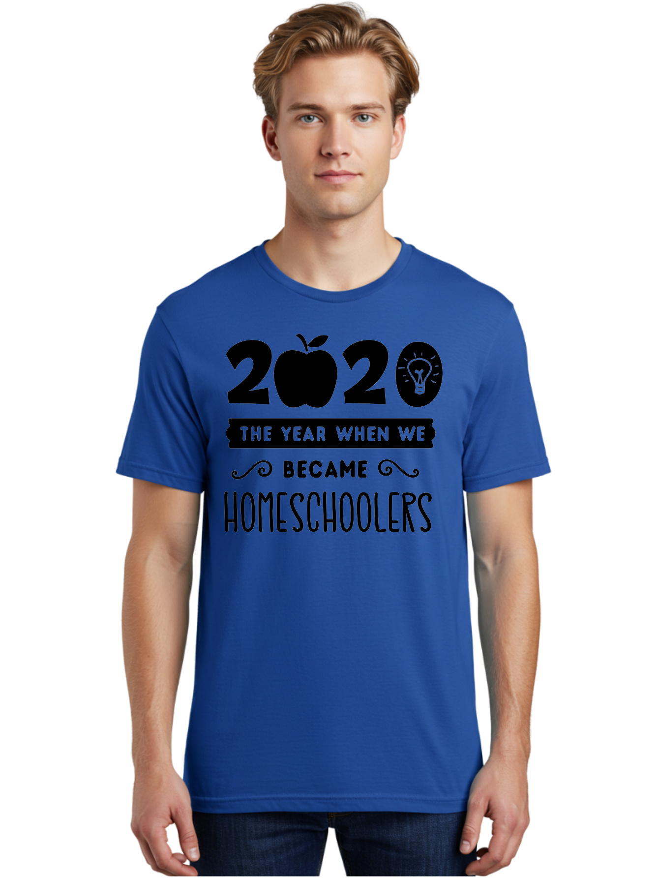 2020-The-Year-When-We-Became-Homeschoolers Men'S Graphic Tee, 100% Cotton, Comfortable Casual Summer Wear, Machine Washable, Homeschooling, Online Learning, Education, 2020, Homeschoolers, Apple, Lightbulb, School Year, Aab312