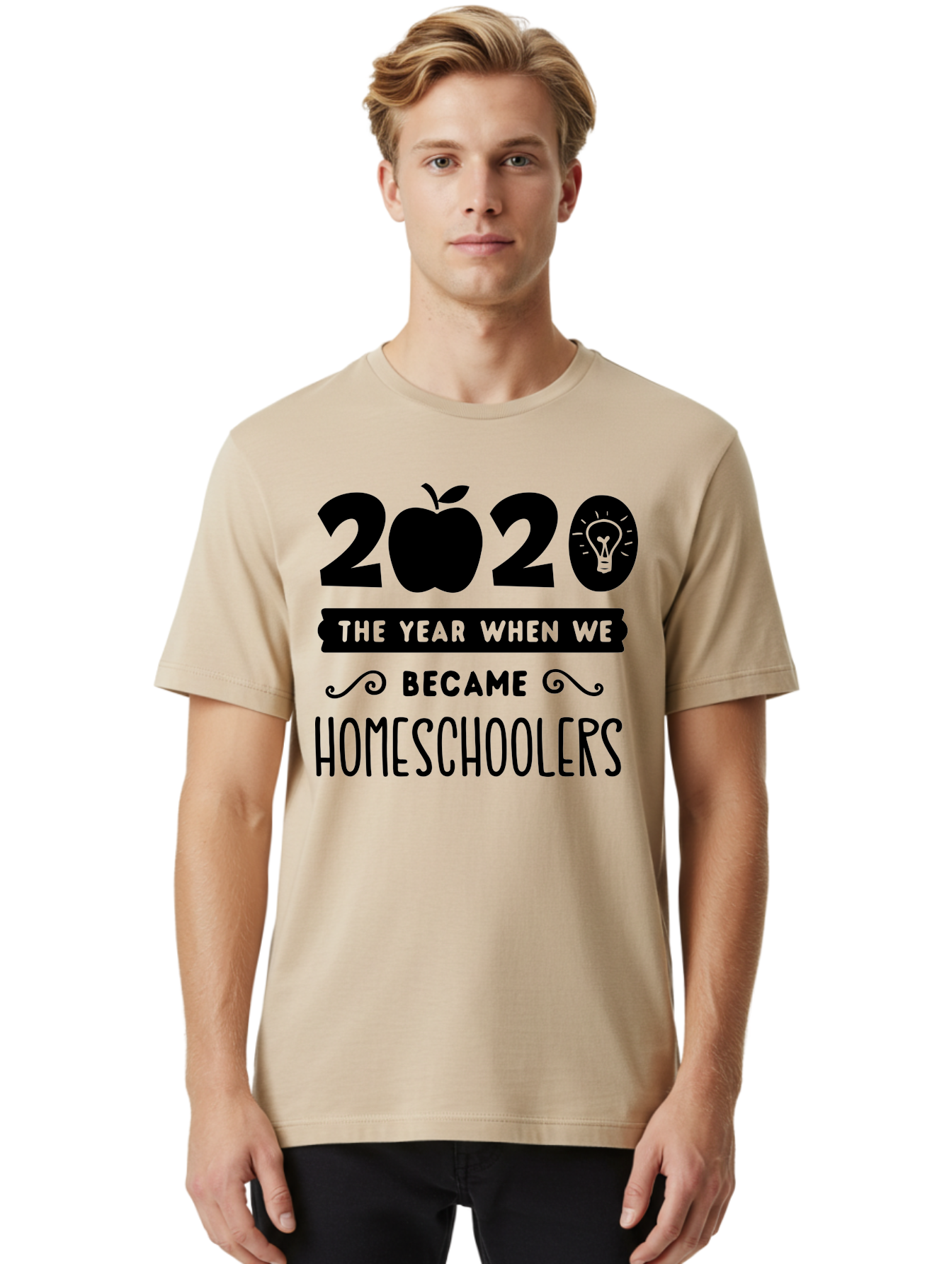2020-The-Year-When-We-Became-Homeschoolers Men'S Graphic Tee, 100% Cotton, Comfortable Casual Summer Wear, Machine Washable, Homeschooling, Online Learning, Education, 2020, Homeschoolers, Apple, Lightbulb, School Year, Aab312