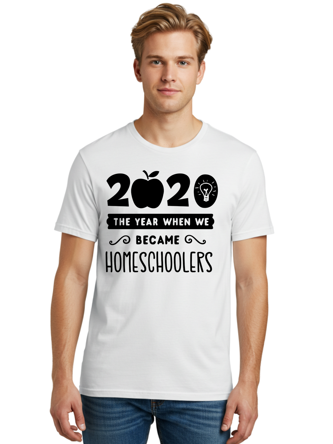 2020-The-Year-When-We-Became-Homeschoolers Men'S Graphic Tee, 100% Cotton, Comfortable Casual Summer Wear, Machine Washable, Homeschooling, Online Learning, Education, 2020, Homeschoolers, Apple, Lightbulb, School Year, Aab312
