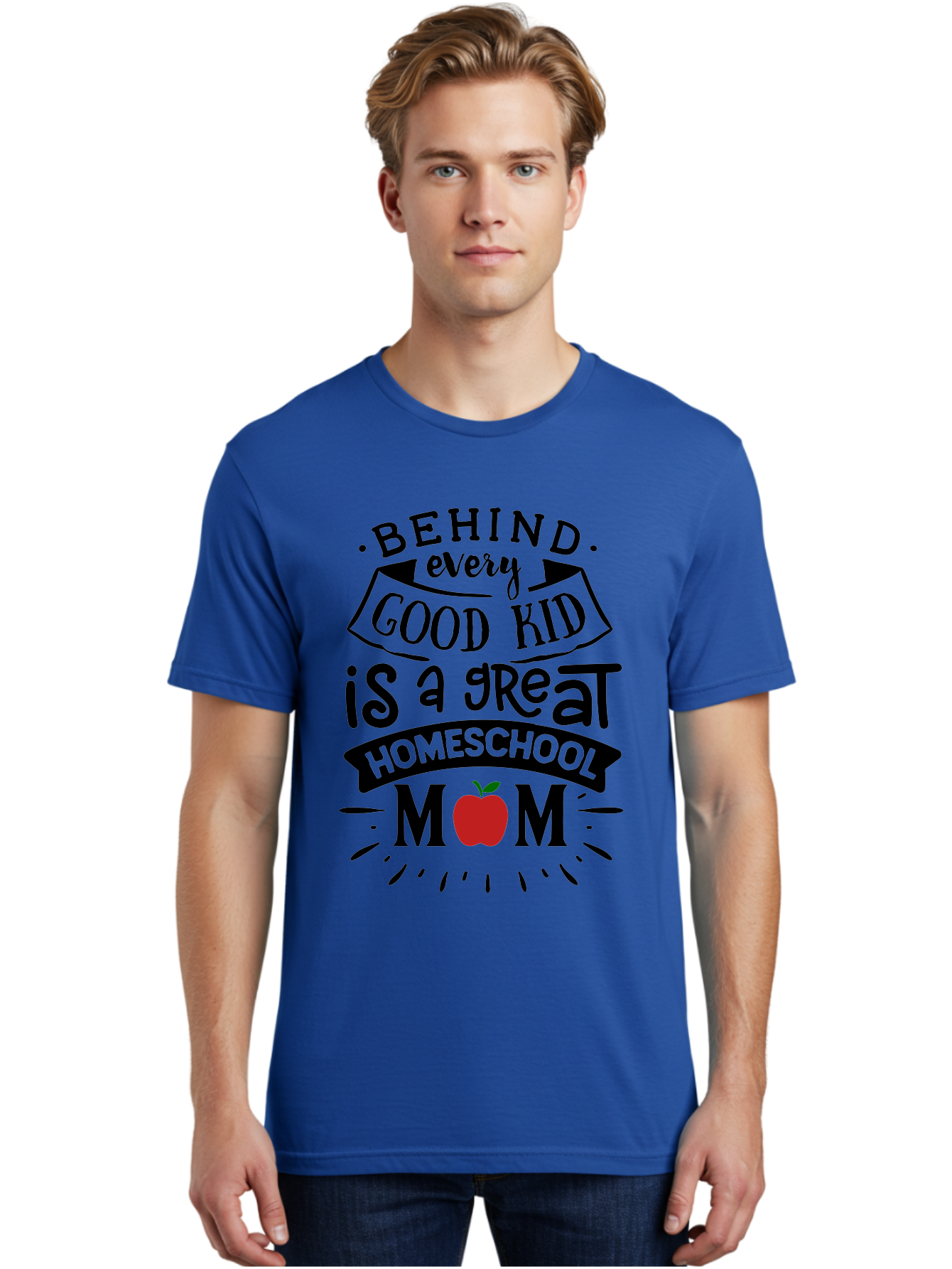 Behind-Every-Good-Kid-2 Men'S Graphic Tee, 100% Cotton, Comfortable Casual Summer Wear, Machine Washable, Homeschool Mom Appreciation, Proud Mom Quote, Homeschooling Inspiration, Motherhood Dedication, Apple Symbol, Educational Support, Aab314