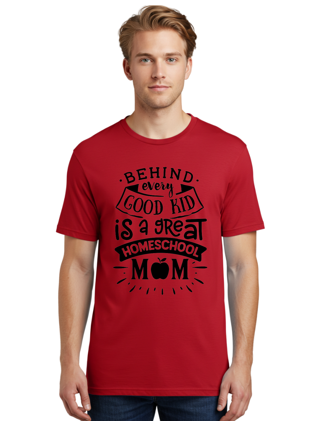 Behind-Every-Good-Kid Men'S Graphic Tee, 100% Cotton, Comfortable Casual Summer Wear, Machine Washable, Homeschool Mom Appreciation, Proud Homeschool Parent, Homeschooling Inspiration, Supportive Mom Quote, Apple Symbol Education Aab319