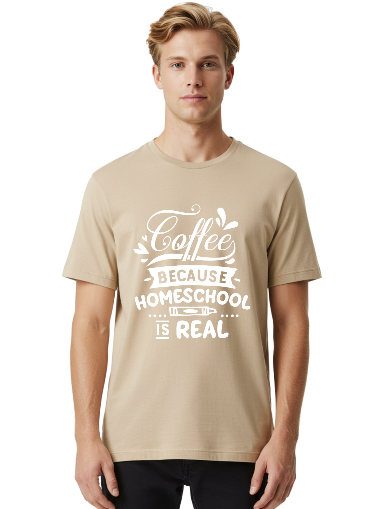 Coffee-Because-Homeschool-Is-Real-1 Men'S Graphic Tee, 100% Cotton, Comfortable Casual Summer Wear, Machine Washable, Homeschooling, Coffee Humor, Parenting Joke, Educational Quote, Teacher Humor, Coffee Lover, Homeschool Mom, Funny Saying Aab324