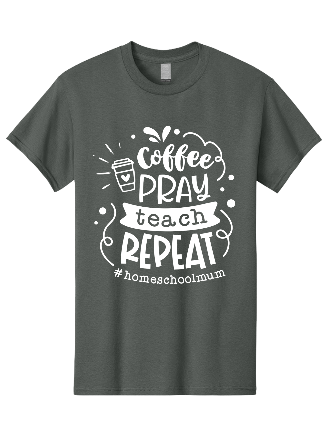 Coffee-Pray-Teach-Repeat-1 Men'S Graphic Tee, 100% Cotton, Comfortable Casual Summer Wear, Machine Washable, Coffee, Pray, Teach, Repeat, Homeschool Mum, Inspirational Quotes, Motivational Phrases, Coffee Cup, Heart Symbol, Modern Typography, Aab326