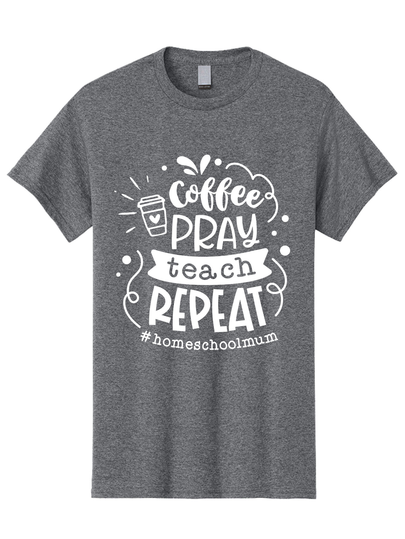 Coffee-Pray-Teach-Repeat-1 Men'S Graphic Tee, 100% Cotton, Comfortable Casual Summer Wear, Machine Washable, Coffee, Pray, Teach, Repeat, Homeschool Mum, Inspirational Quotes, Motivational Phrases, Coffee Cup, Heart Symbol, Modern Typography, Aab326