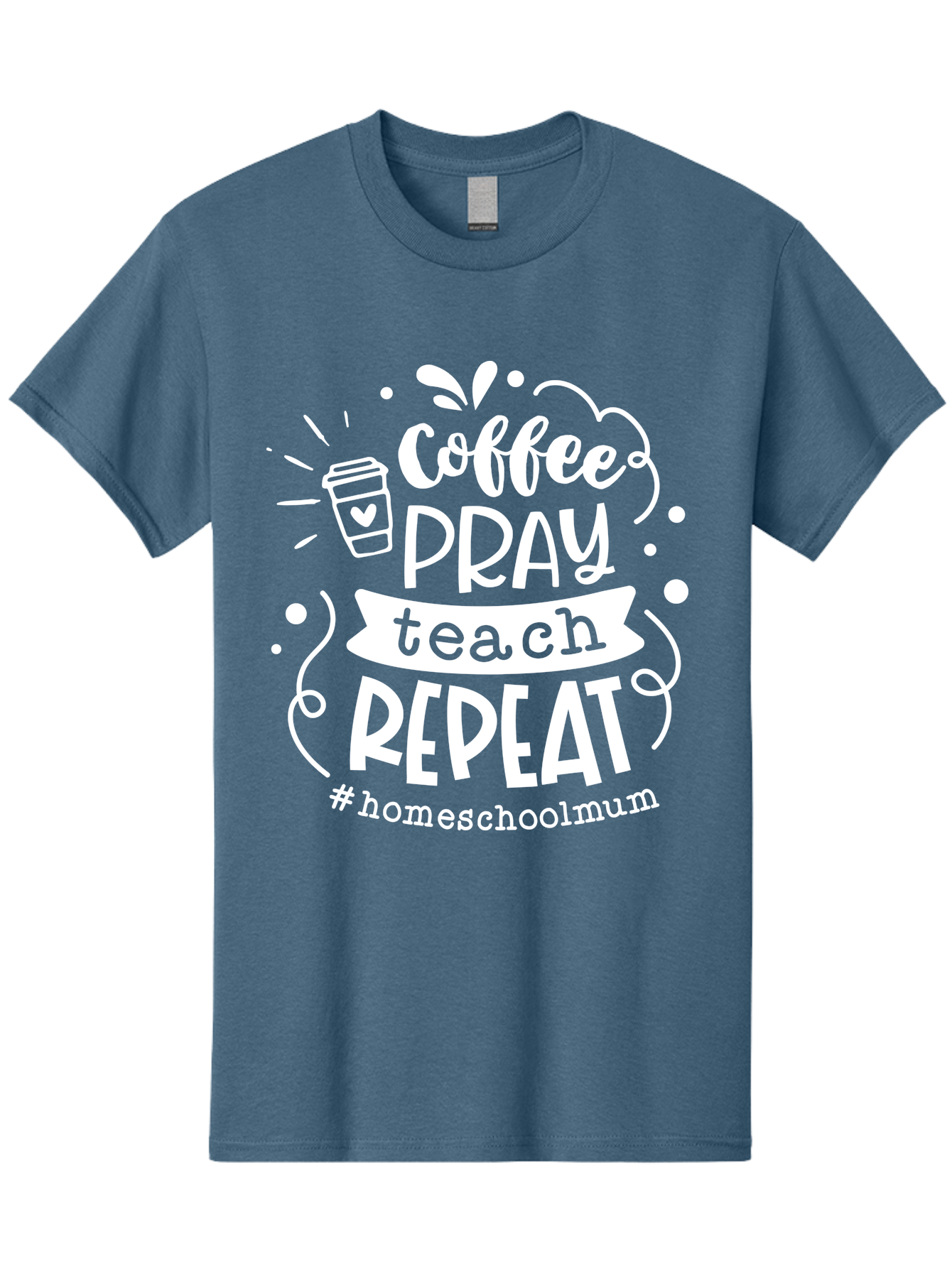 Coffee-Pray-Teach-Repeat-1 Men'S Graphic Tee, 100% Cotton, Comfortable Casual Summer Wear, Machine Washable, Coffee, Pray, Teach, Repeat, Homeschool Mum, Inspirational Quotes, Motivational Phrases, Coffee Cup, Heart Symbol, Modern Typography, Aab326