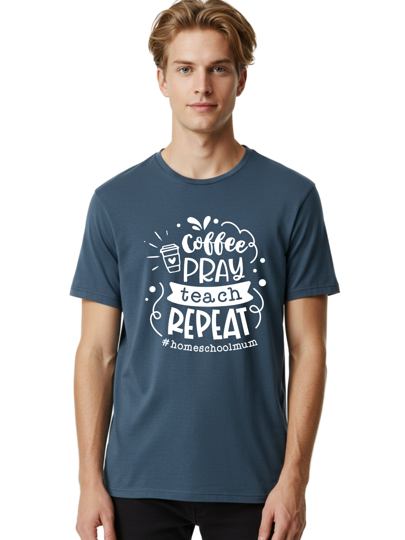 Coffee-Pray-Teach-Repeat-1 Men'S Graphic Tee, 100% Cotton, Comfortable Casual Summer Wear, Machine Washable, Coffee, Pray, Teach, Repeat, Homeschool Mum, Inspirational Quotes, Motivational Phrases, Coffee Cup, Heart Symbol, Modern Typography, Aab326