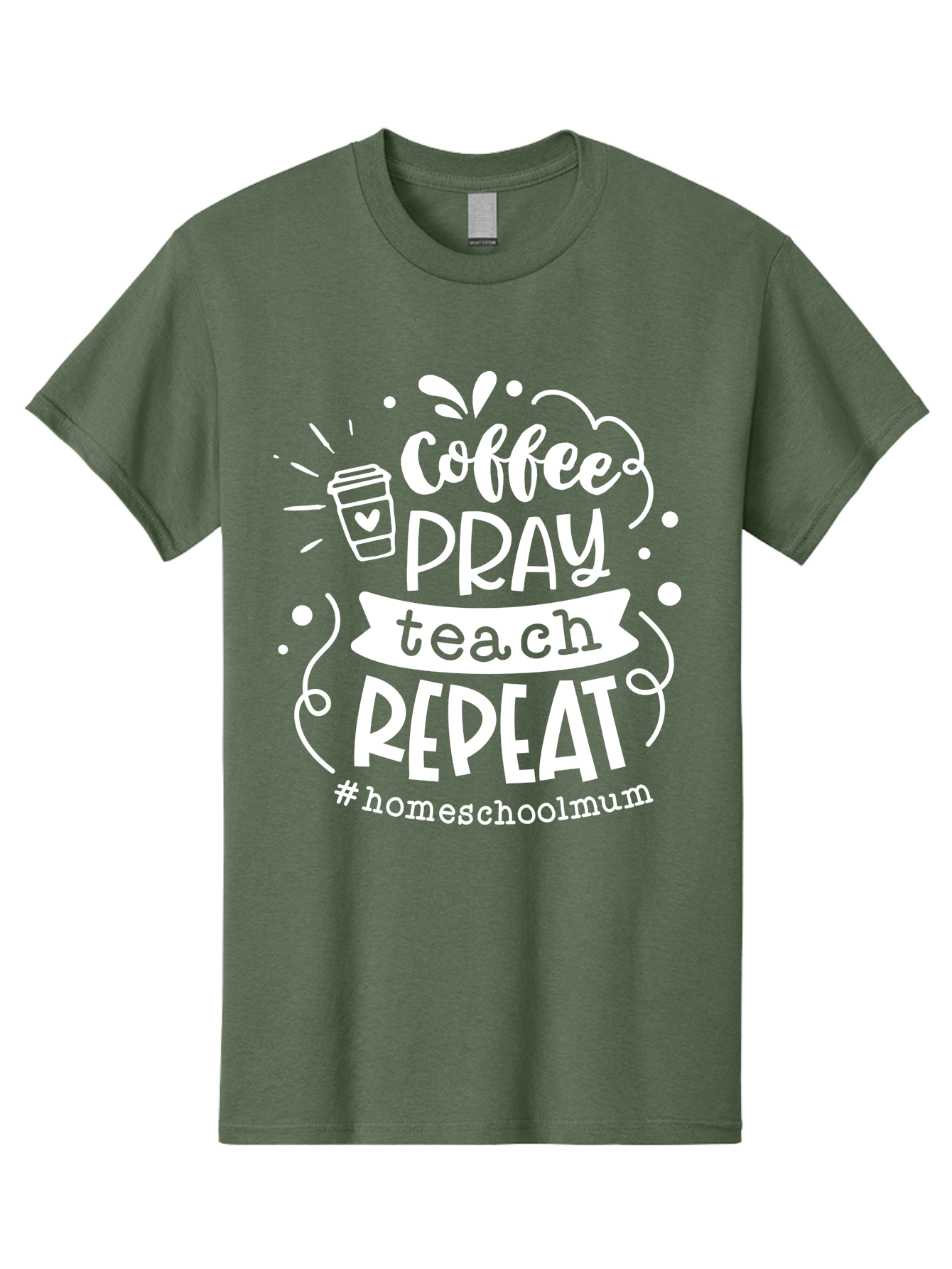 Coffee-Pray-Teach-Repeat-1 Men'S Graphic Tee, 100% Cotton, Comfortable Casual Summer Wear, Machine Washable, Coffee, Pray, Teach, Repeat, Homeschool Mum, Inspirational Quotes, Motivational Phrases, Coffee Cup, Heart Symbol, Modern Typography, Aab326