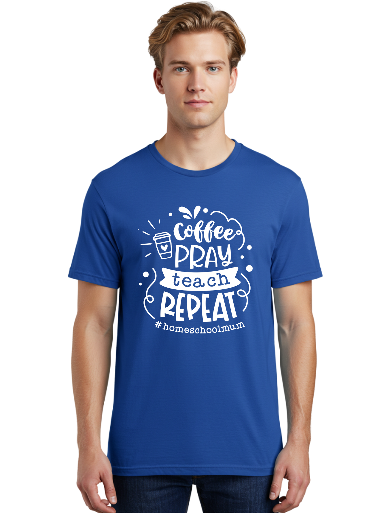 Coffee-Pray-Teach-Repeat-1 Men'S Graphic Tee, 100% Cotton, Comfortable Casual Summer Wear, Machine Washable, Coffee, Pray, Teach, Repeat, Homeschool Mum, Inspirational Quotes, Motivational Phrases, Coffee Cup, Heart Symbol, Modern Typography, Aab326