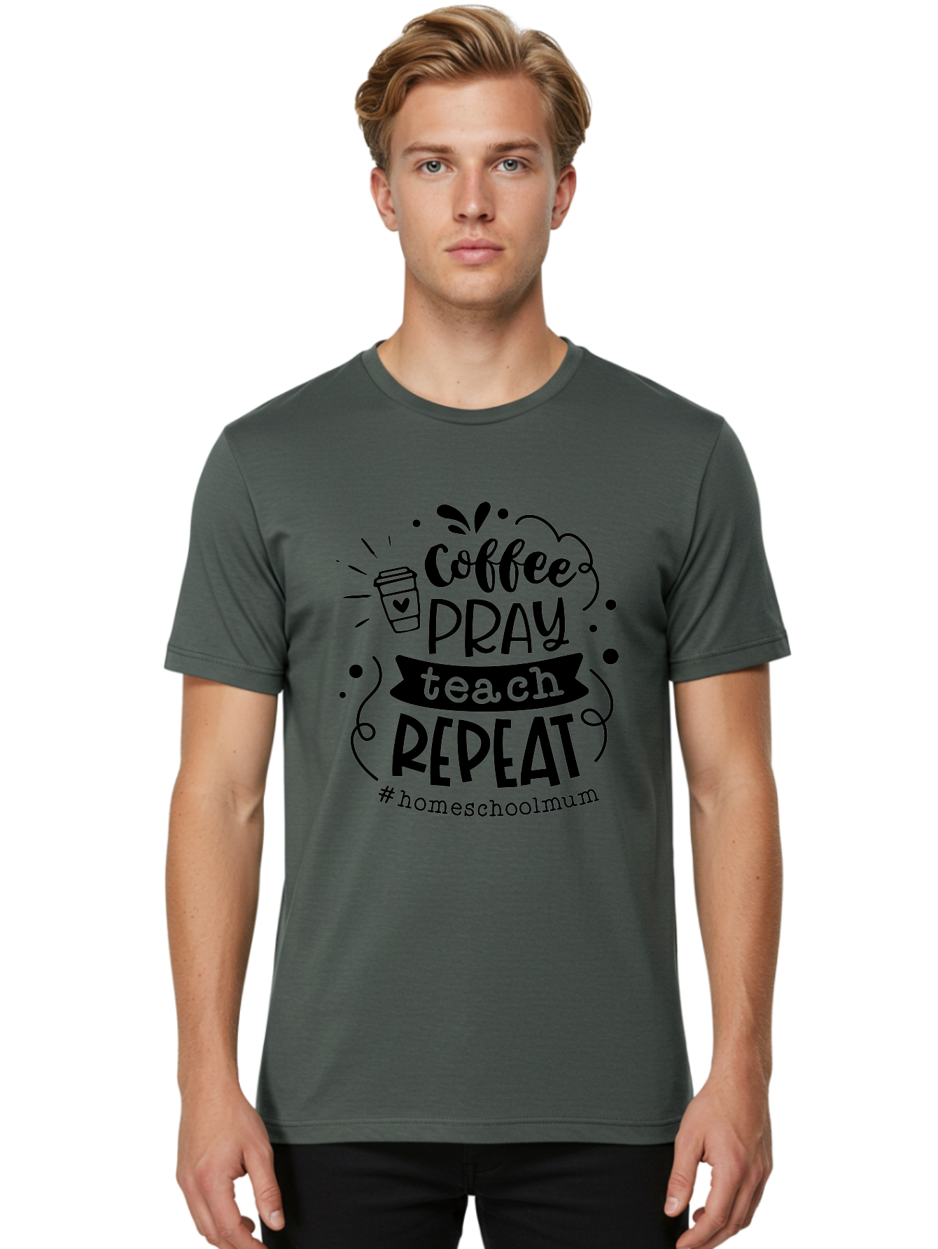 Coffee-Pray-Teach-Repeat-2 Men'S Graphic Tee, 100% Cotton, Comfortable Casual Summer Wear, Machine Washable, Homeschool Mom, Inspirational Quote, Coffee Lover, Teaching Quote, Homeschooling, Parenting, Motivational Phrase, Coffee Cup Aab327