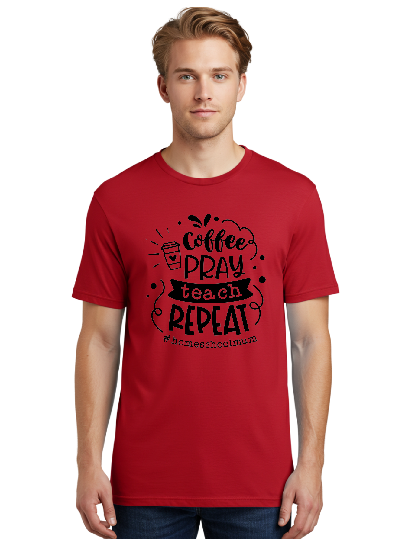 Coffee-Pray-Teach-Repeat-2 Men'S Graphic Tee, 100% Cotton, Comfortable Casual Summer Wear, Machine Washable, Homeschool Mom, Inspirational Quote, Coffee Lover, Teaching Quote, Homeschooling, Parenting, Motivational Phrase, Coffee Cup Aab327