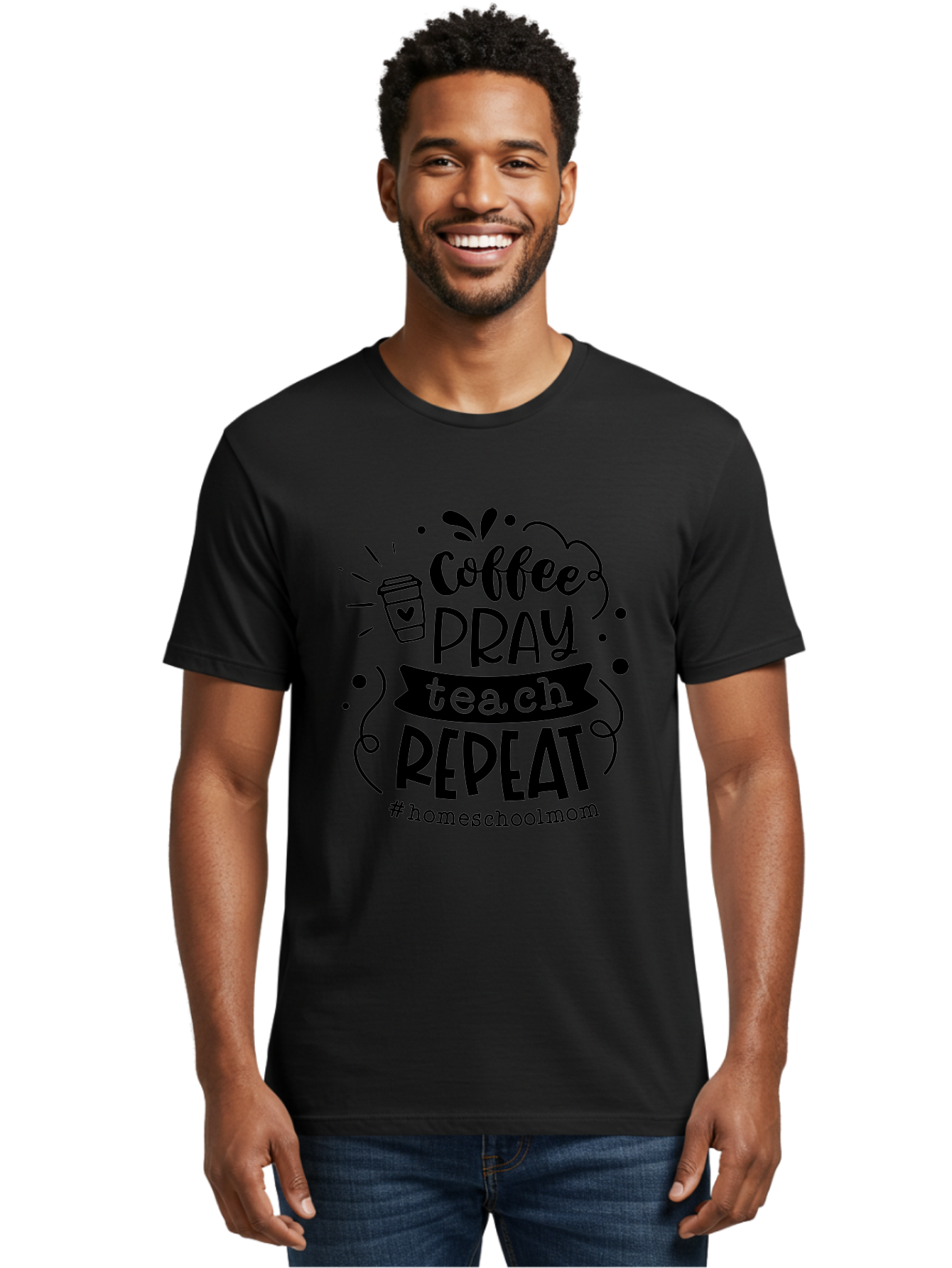 Coffee-Pray-Teach-Repeat-3 Men'S Graphic Tee, 100% Cotton, Comfortable Casual Summer Wear, Machine Washable, Homeschool Mom Quote, Inspirational Quote, Teacher Humor, Coffee Lover, Teaching Mantra, Homeschooling, Education, Motivational Quote, Aab328