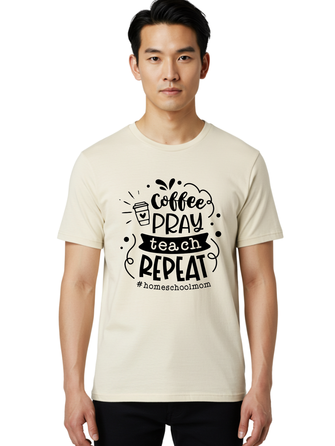 Coffee-Pray-Teach-Repeat-3 Men'S Graphic Tee, 100% Cotton, Comfortable Casual Summer Wear, Machine Washable, Homeschool Mom Quote, Inspirational Quote, Teacher Humor, Coffee Lover, Teaching Mantra, Homeschooling, Education, Motivational Quote, Aab328