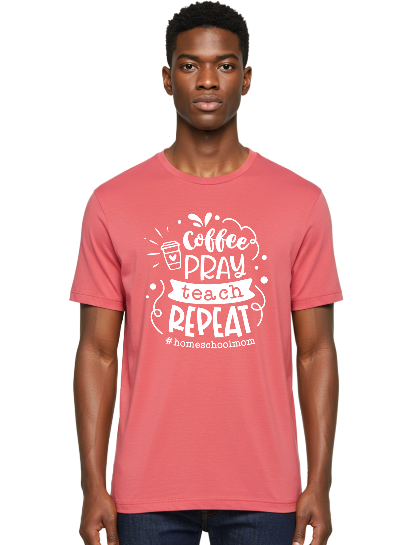 Coffee-Pray-Teach-Repeat Men'S Graphic Tee, 100% Cotton, Comfortable Casual Summer Wear, Machine Washable, Homeschool Mom, Coffee Lover, Teaching Inspiration, Homeschooling Life, Parenting Mantra, Daily Routine, Motivational Quote, Aab329