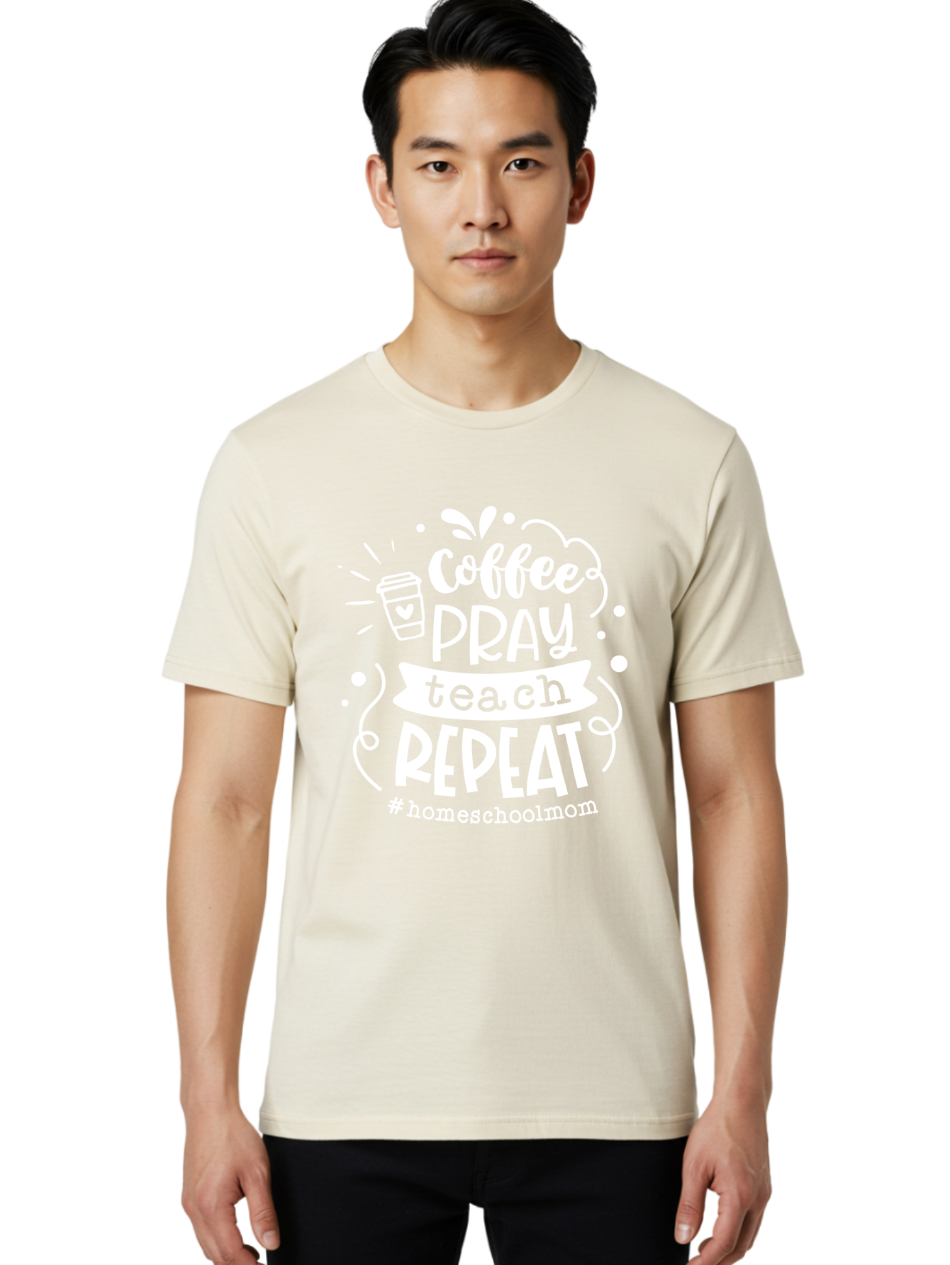 Coffee-Pray-Teach-Repeat Men'S Graphic Tee, 100% Cotton, Comfortable Casual Summer Wear, Machine Washable, Homeschool Mom, Coffee Lover, Teaching Inspiration, Homeschooling Life, Parenting Mantra, Daily Routine, Motivational Quote, Aab329