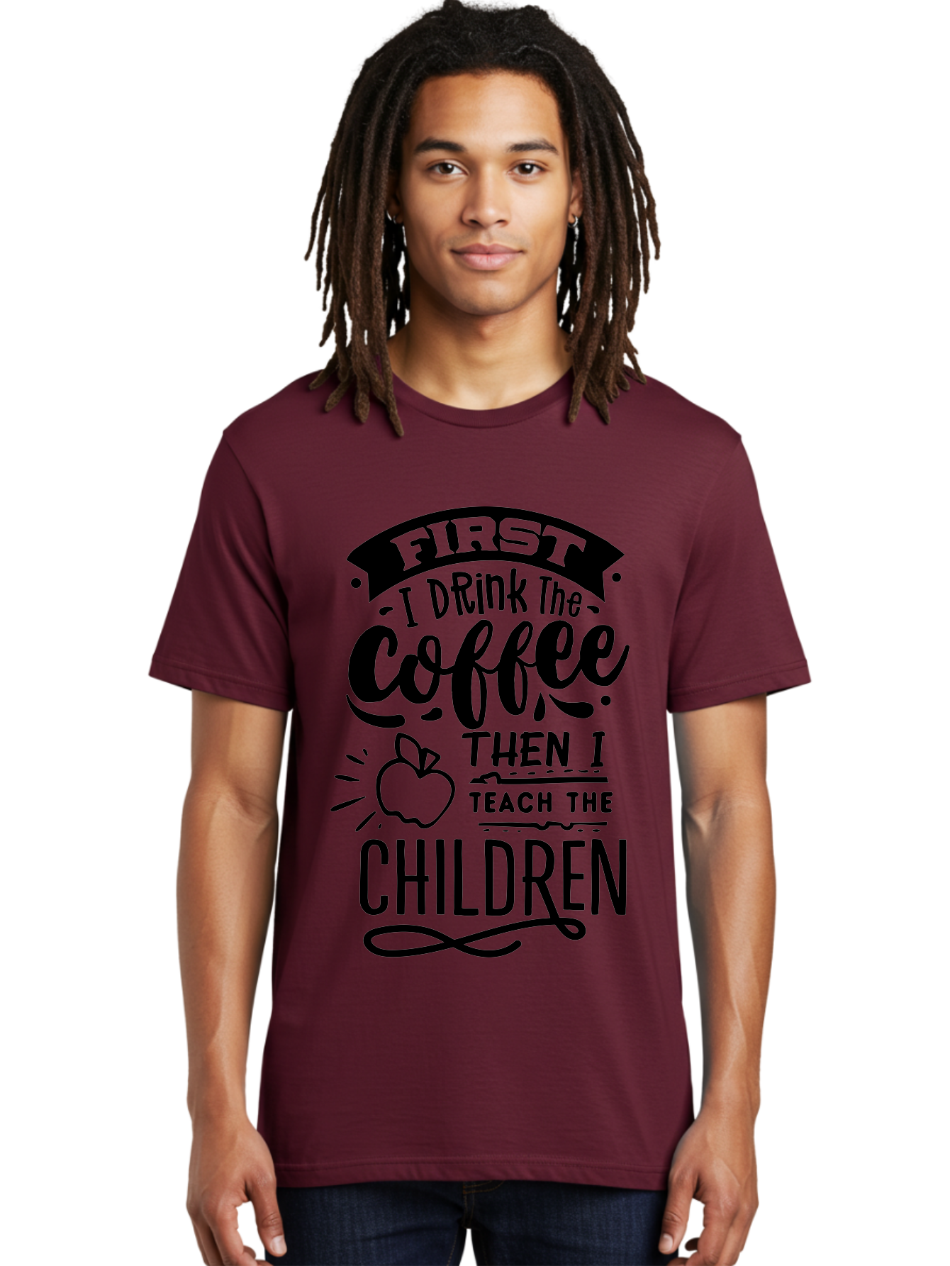 First-I-Drink-The-Coffee-Then-I-Teach-The-Children Men'S Graphic Tee, 100% Cotton, Comfortable Casual Summer Wear, Machine Washable, Coffee Quote, Teacher Humor, Funny Teacher, Coffee Lover, Teaching Profession, Educator Quote, Aab331