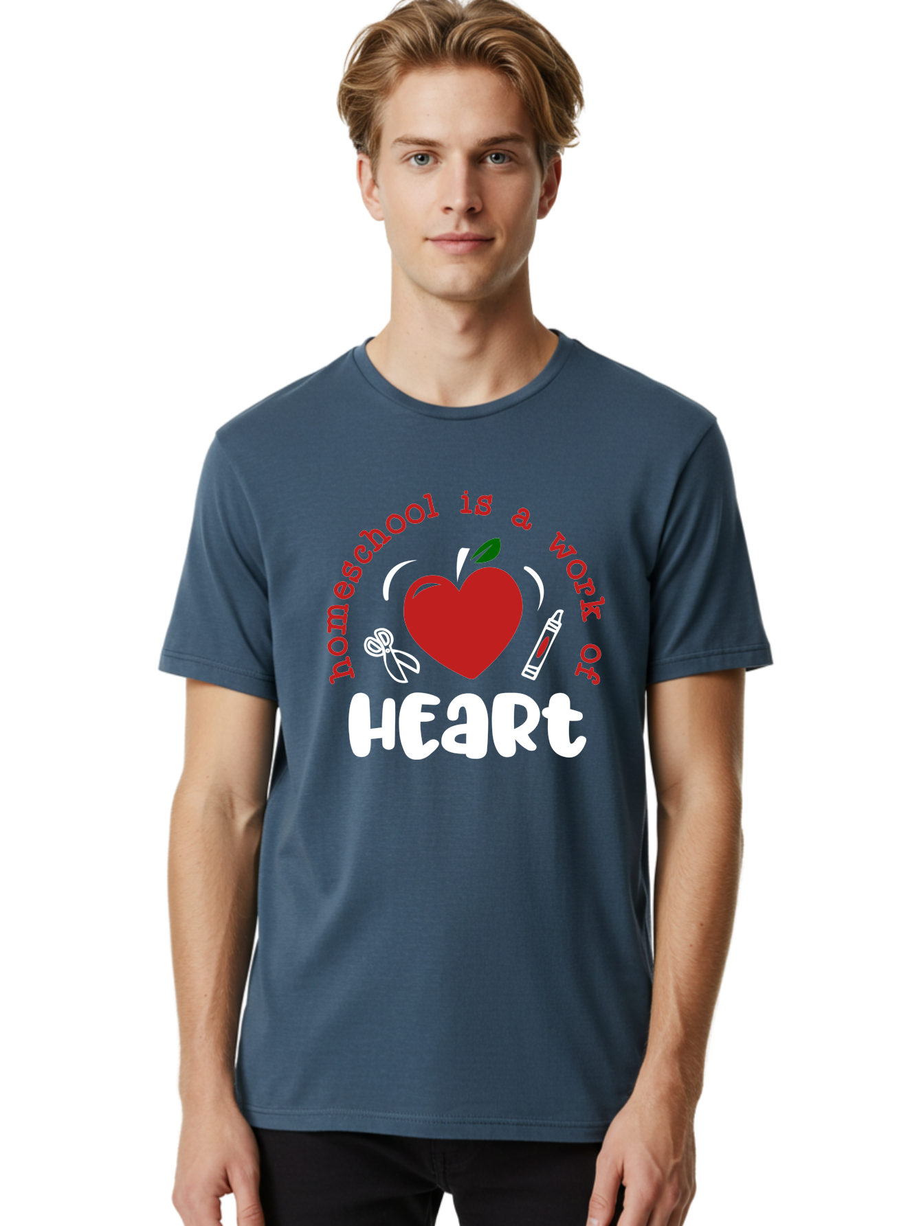 Homeschool-Is-A-Work-Of-Heart-1 Men'S Graphic Tee, 100% Cotton, Comfortable Casual Summer Wear, Machine Washable, Homeschooling, Heart-Shaped Apple, Educational Graphics, School Supplies, Red Crayon, Inspirational Quote, Home Education, Aab346