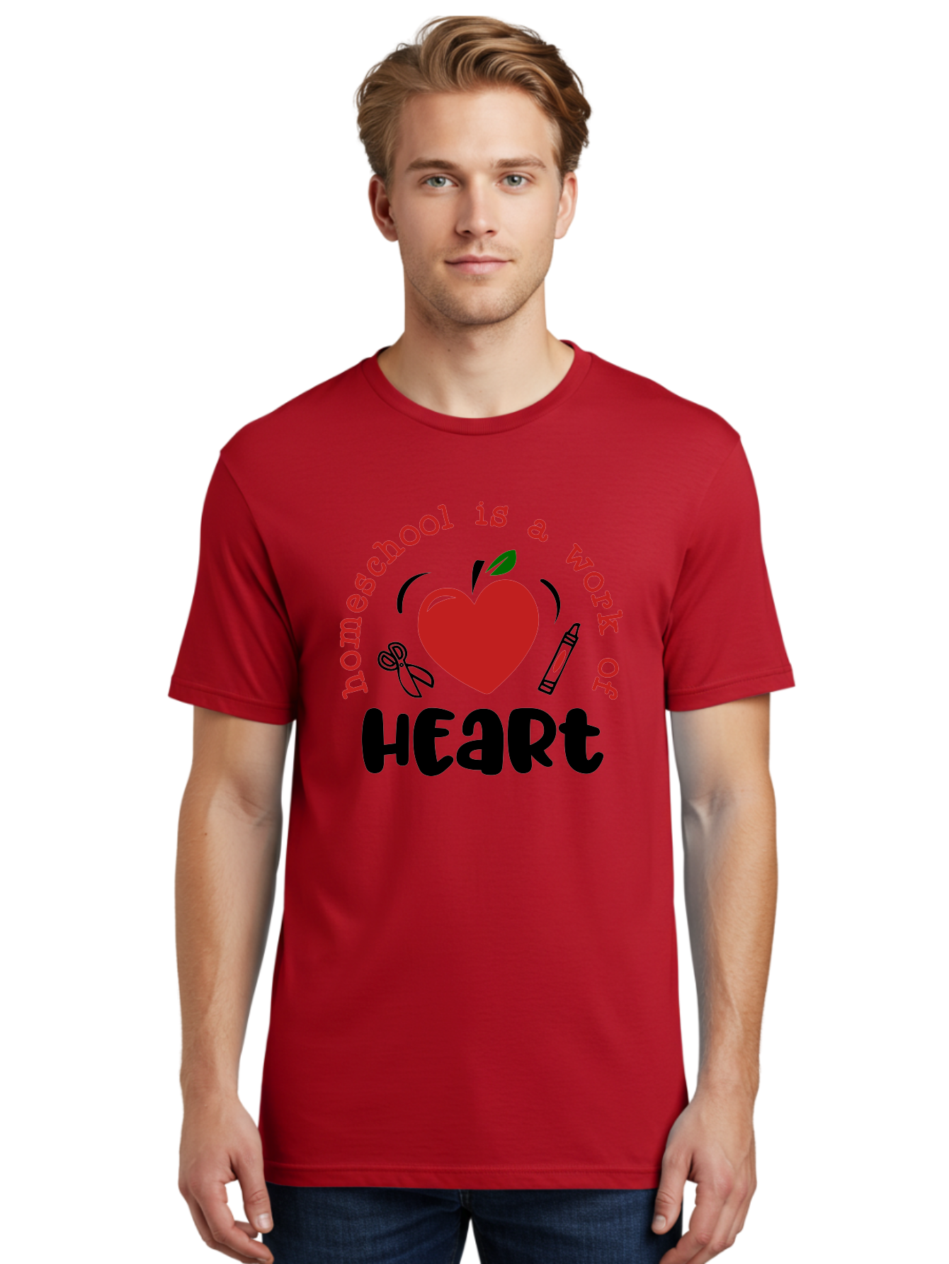 Homeschool-Is-A-Work-Of-Heart-2 Men'S Graphic Tee, 100% Cotton, Comfortable Casual Summer Wear, Machine Washable, Homeschooling, Heartwork, Education, Love, Apple, Crayon, Learning, Teaching, Homeschool Life, Art, Heart, Personalized Learning Aab347