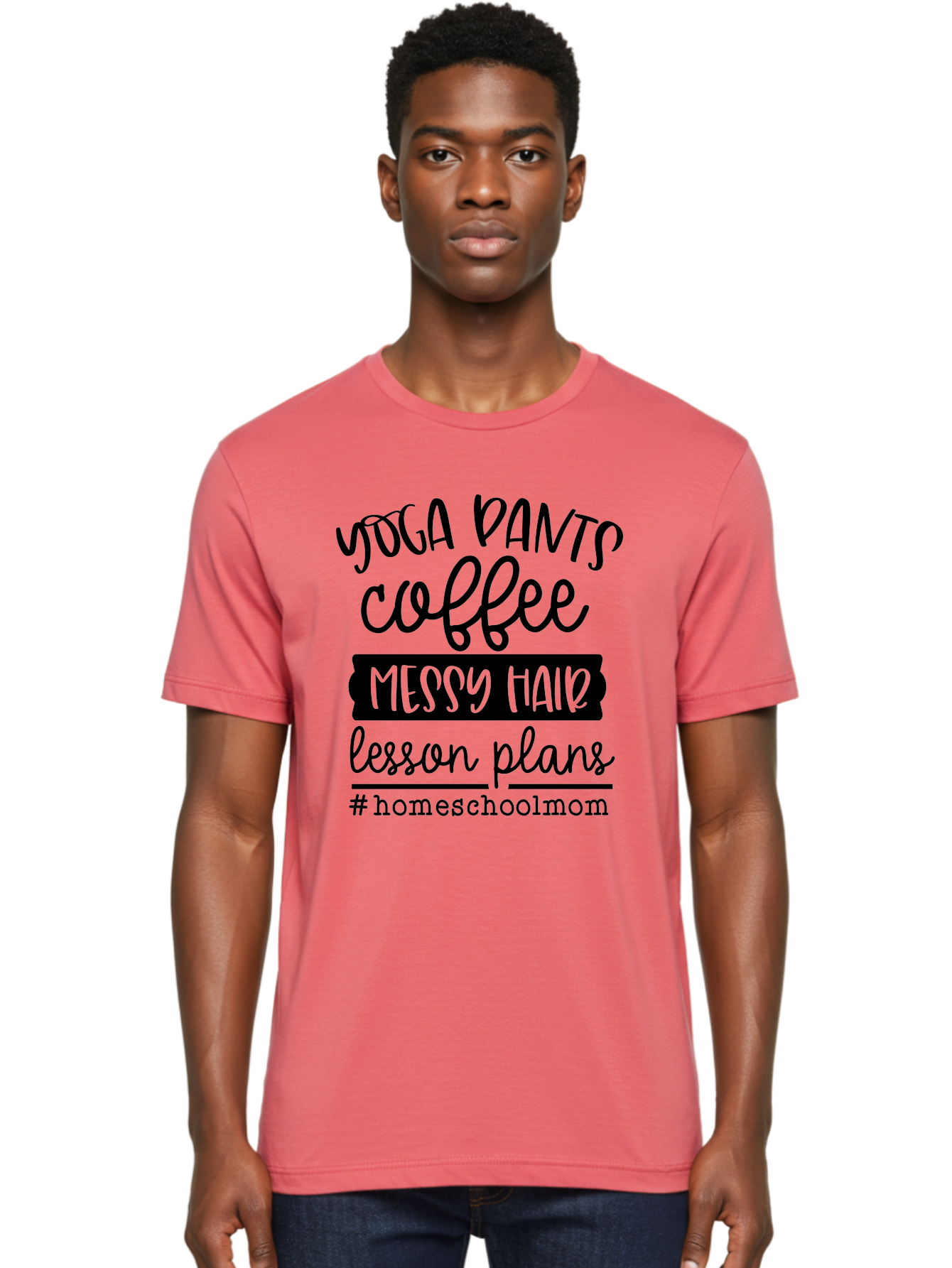 Homeschool-Mom-1 Men'S Graphic Tee, 100% Cotton, Comfortable Casual Summer Wear, Machine Washable, Homeschool Mom, Yoga Pants, Coffee, Messy Hair, Lesson Plans, Homeschooling, Parenting, Mom Life, Everyday Struggles, Relaxed Mom, Casual Style Aab368