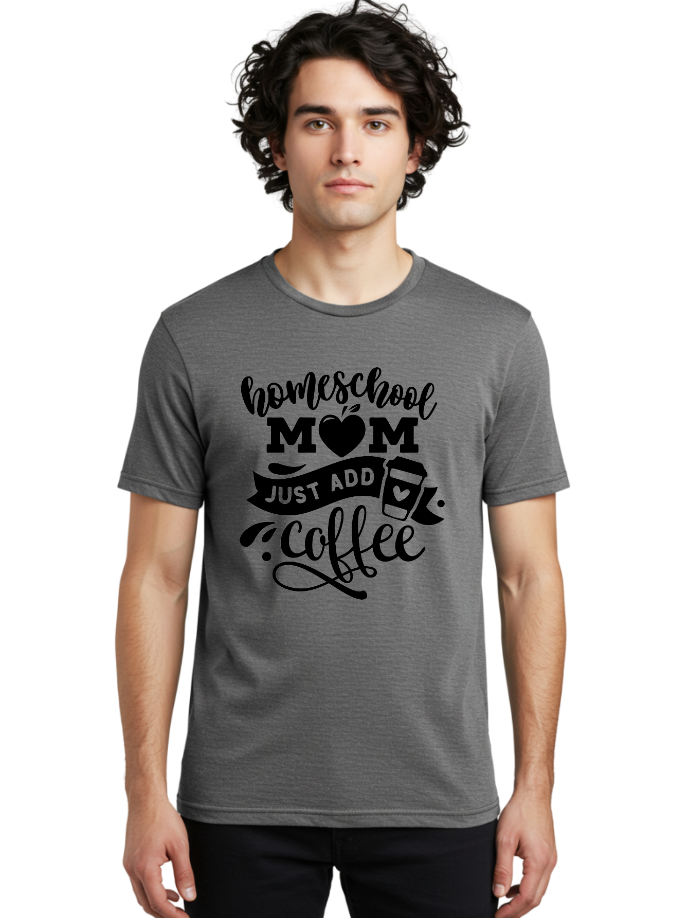 Homeschool-Mom-Just-Add-Coffee Men'S Graphic Tee, 100% Cotton, Comfortable Casual Summer Wear, Machine Washable, Homeschool Mom, Coffee Lover, Mom Life, Homeschooling, Parenting, Mom Humor, Coffee Addict, Motherhood Aab372
