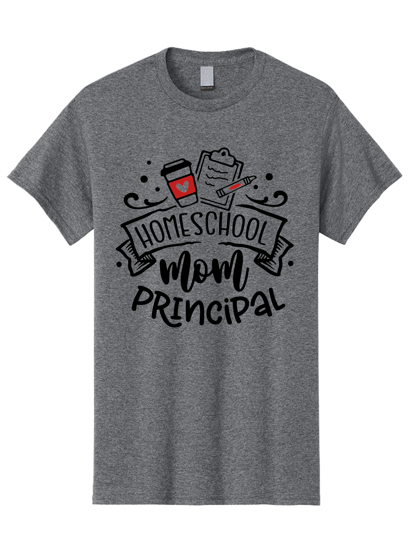 Homeschool-Mom-Principal-1 Men'S Graphic Tee, 100% Cotton, Comfortable Casual Summer Wear, Machine Washable, Homeschool Mom, Principal, Coffee Cup, Red Heart, Clipboard, Pencil, Education, Learning, Parenting, Homeschooling, Teaching, Aab376