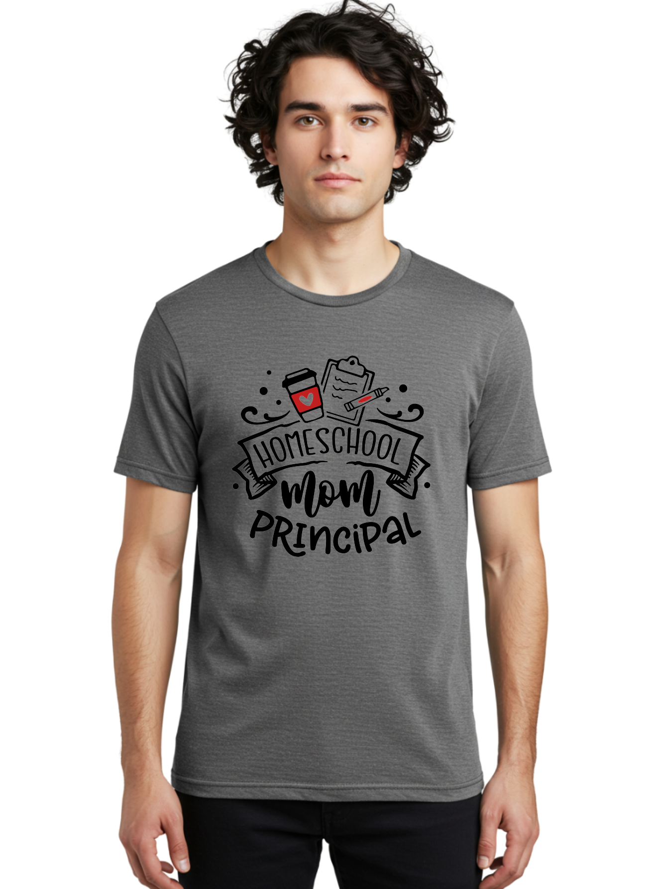 Homeschool-Mom-Principal-1 Men'S Graphic Tee, 100% Cotton, Comfortable Casual Summer Wear, Machine Washable, Homeschool Mom, Principal, Coffee Cup, Red Heart, Clipboard, Pencil, Education, Learning, Parenting, Homeschooling, Teaching, Aab376